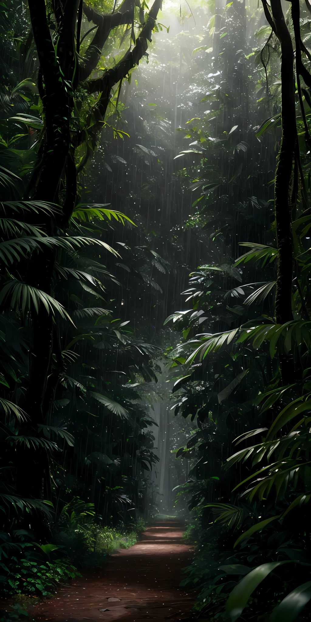 A jungle, with intense rainfall, monochromatic, vines all around, giant and wet trees, masterpiece, best quality, high quality, extremely detailed CG unity 8k wallpaper, oil paiting, award winning photography, Bokeh, Depth of Field, HDR, bloom, Chromatic Aberration ,Photorealistic,extremely detailed, trending on artstation, trending on CGsociety, Intricate, High Detail, dramatic, art by midjourney, volumetric lighting
