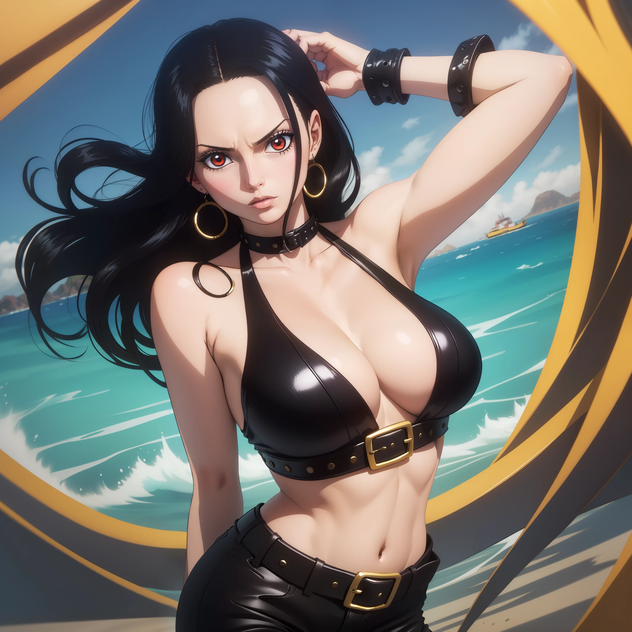 melhor qualidade, Red-eyed woman with long hair medium breasts top black medium belt black bright red eyes, cabelo preto, colar, pose fofa, black collar high black pants, frightened expression side pose, batom vermelho na boca, dentro de um navio, em alto mar, mar atras, Olhos vermelhos, cabelo longo pretos, olhos vermelhos brilhantes, pirata, navio de pirata, arqueologa colar, bracelete, usando oculos de arqueologa, boa hancok Cobra amarela pose sensual pose para foto nico robin cobra amarela