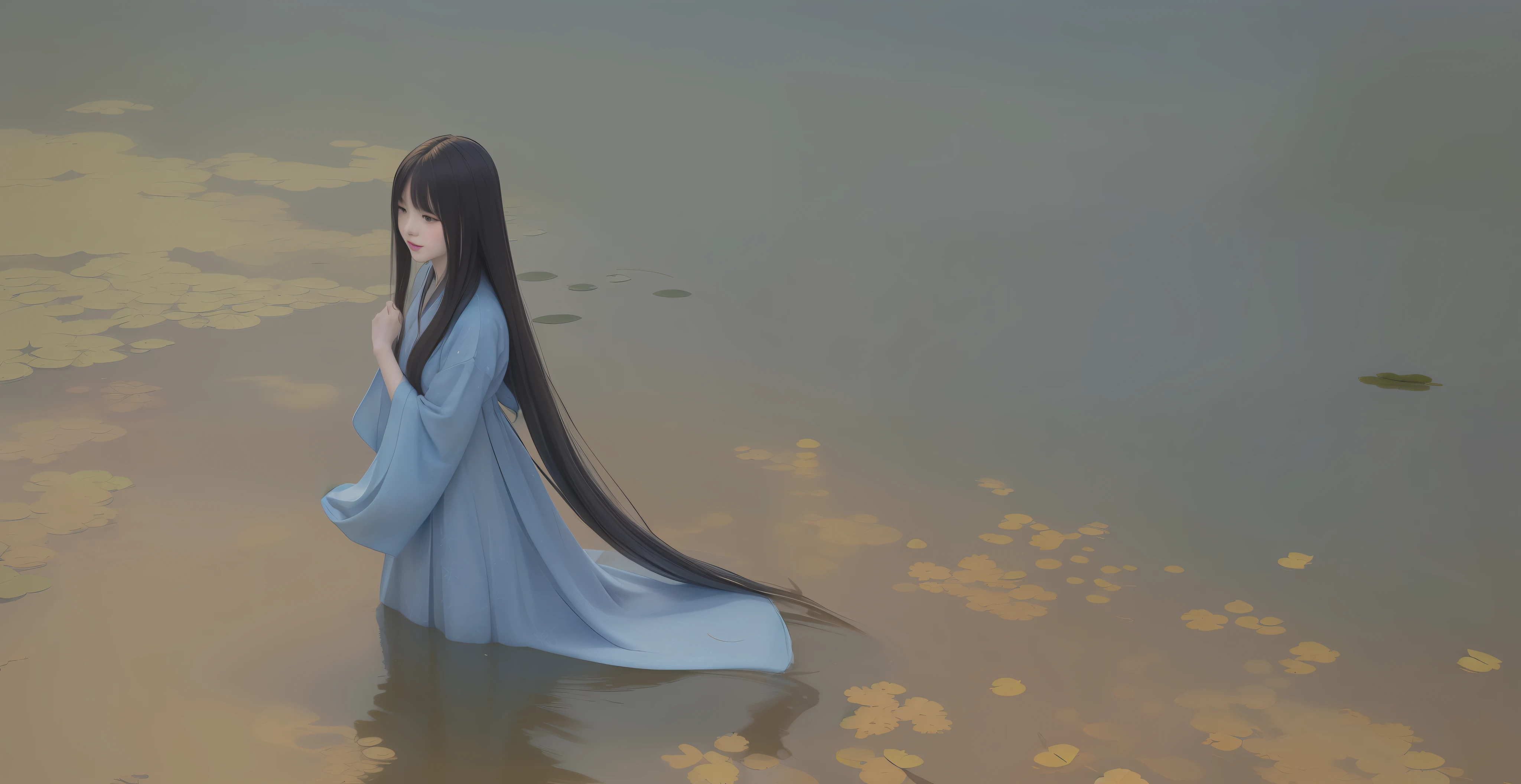 ((4k,masterpiece,best quality)), shuimobysim, traditional chinese ink painting, lotus, hanfu, maxiskit, dress conservatively 1girl, solo, long blue hair, smile, standing, feet in the water, barefoot,