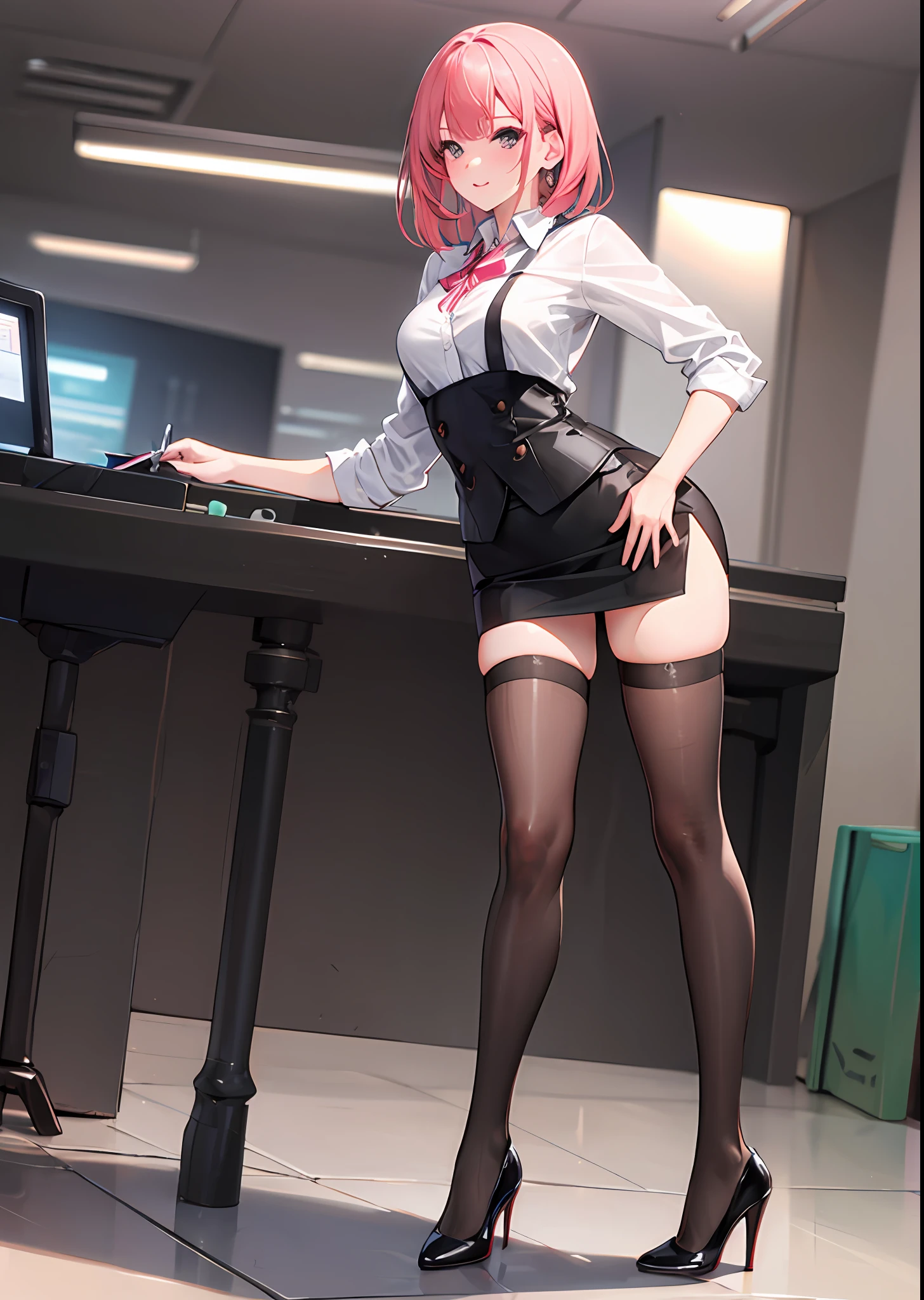 full body photo of a beautiful sexy secretary wearing extremely short skirt and seamed stockings, stands_straight, ((solo)), adult, in the office, high heels, craves, strokes_herself