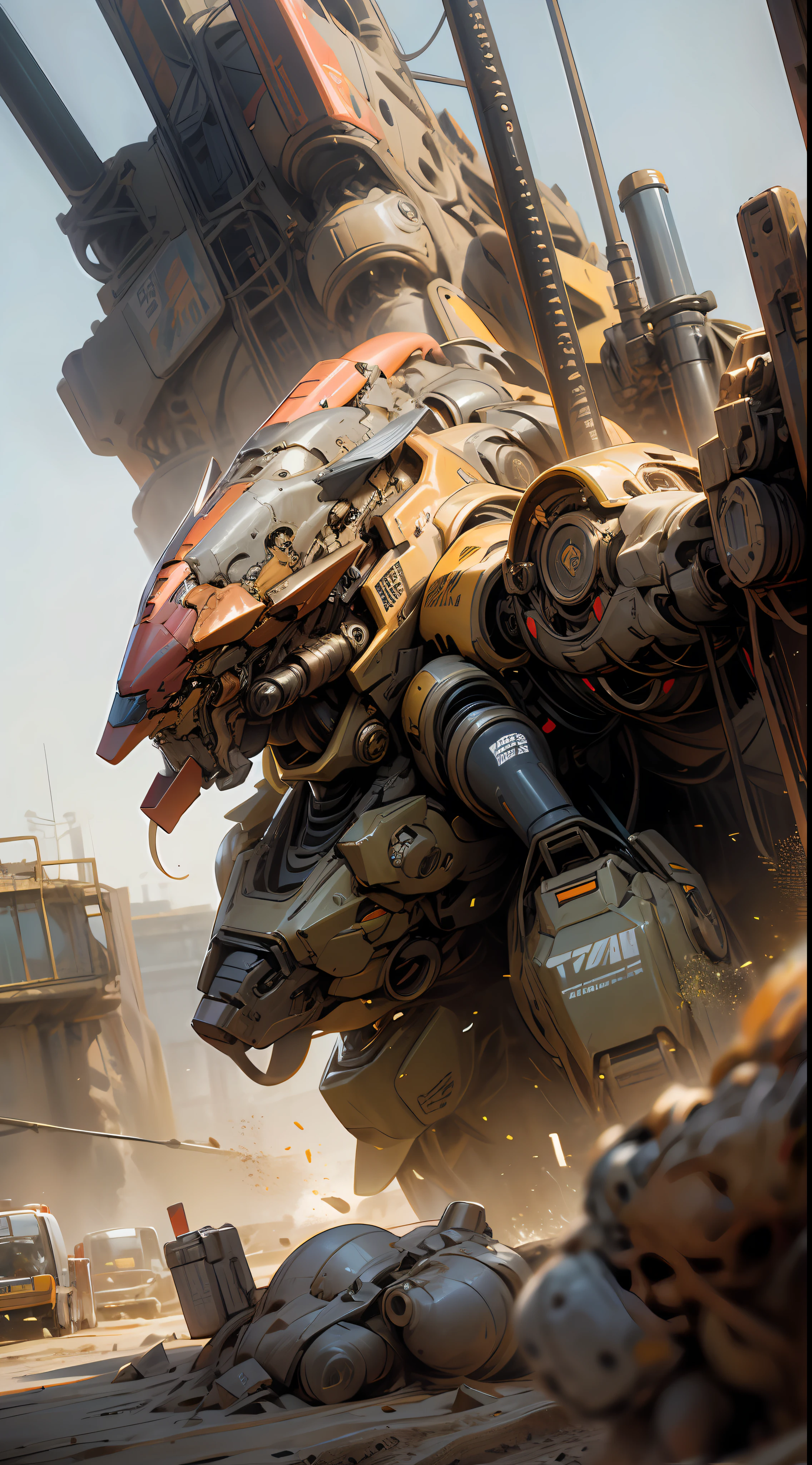 giant mecha,Doomsday wasteland wind,colors full,fulldetail,Hyper-realistic,tmasterpiece,Yellow sand is all over the sky,The texture is strong,Sense of oppression,Mechanical atmosphere,Rich background。