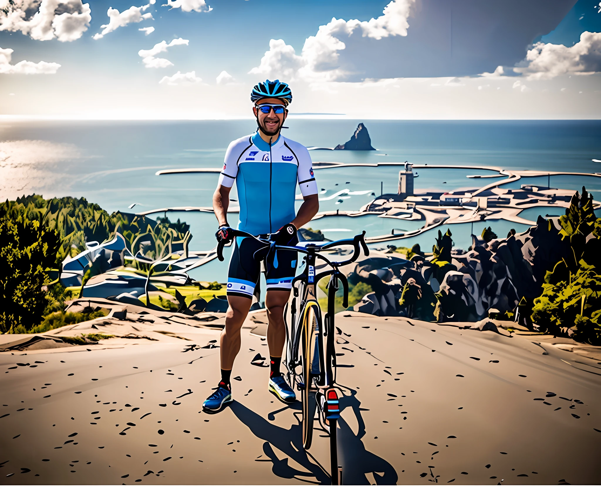 Man in yellow shirt and helmet standing on a mountain with a bicycle, Postagem no Reddit, ciclismo!!, imagem de perfil, Foto do perfil, foto do perfil, instagram post, com uma cidade em segundo plano, Bram Sels, Belas vistas, against the backdrop of trees, album photo, Alma piedosa, Fotografia tirada em 2 0 2 0