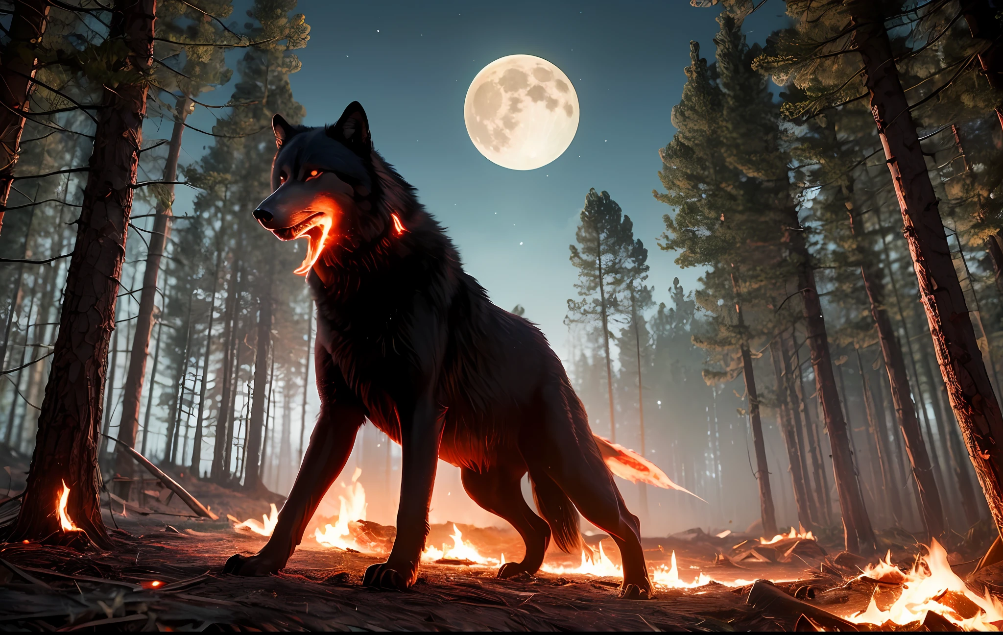 A powerful lone wolf burning with red flames in the forest, Full moon, Dark theme, 4K, Ultra high quality, Hyper-detailing, photography of, hentail realism
