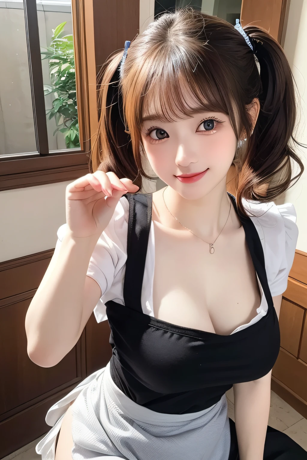 ((22 y.o girl in a black (see-through:0.9)apron)), (kpop idol), sitting on the floor, ((dynamic pose)), pale skin, (((natural breasts, big breasts))), (aegyo sal:1.1), (narrow waist), long((low twintails)), brown-hair, ((puffy eyes)), looking away, smiling, sexy, bangs, doorway, porch, indoors, public, (Bokeh), ultra-detailed, best quality, ultra high res, (NSFW:1.05),