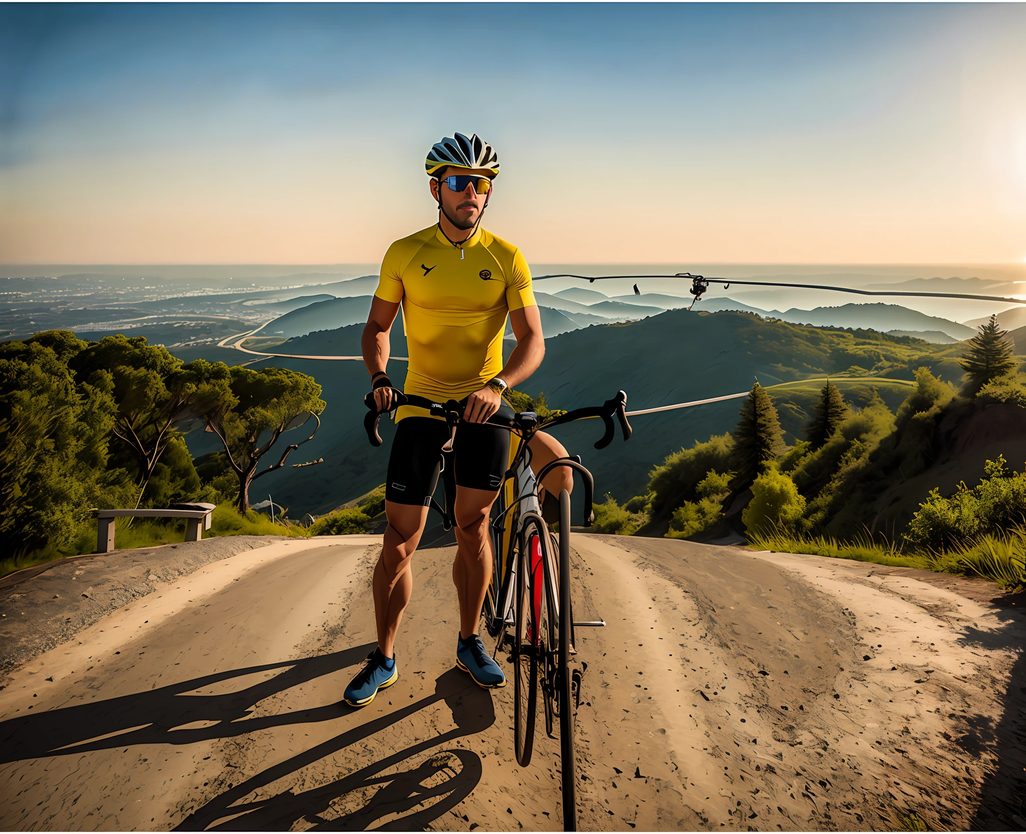 Man in yellow shirt and helmet standing on a mountain with a bicycle, Postagem no Reddit, ciclismo!!, imagem de perfil, Foto do perfil, foto do perfil, instagram post, com uma cidade em segundo plano, Bram Sels, Belas vistas, against the backdrop of trees, album photo, Alma piedosa, Fotografia tirada em 2 0 2 0
