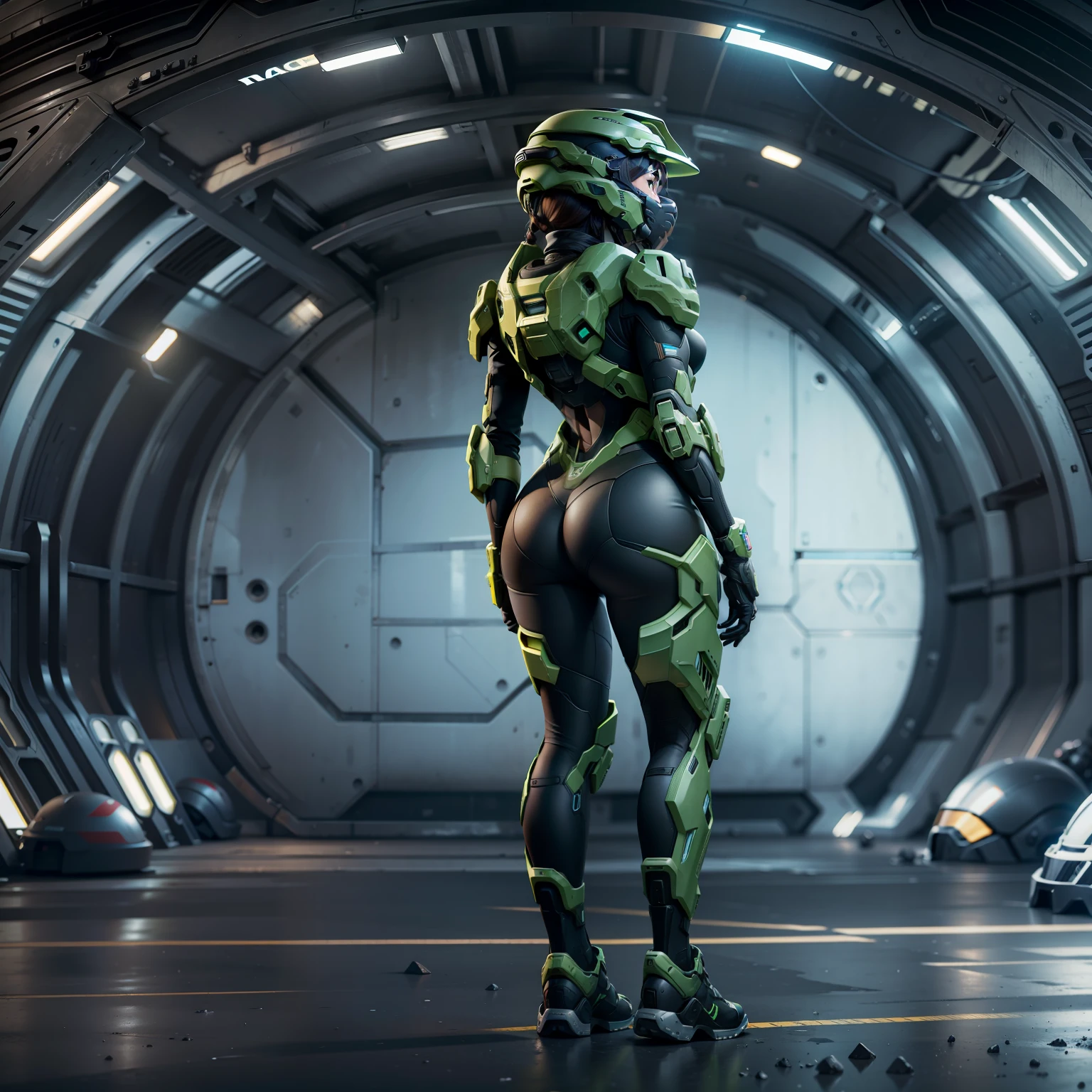 halo,only one girl,Black,Very long legs,standing on your feet,Full body photo,Back,helmet,8K,The butt is round,focus on ass