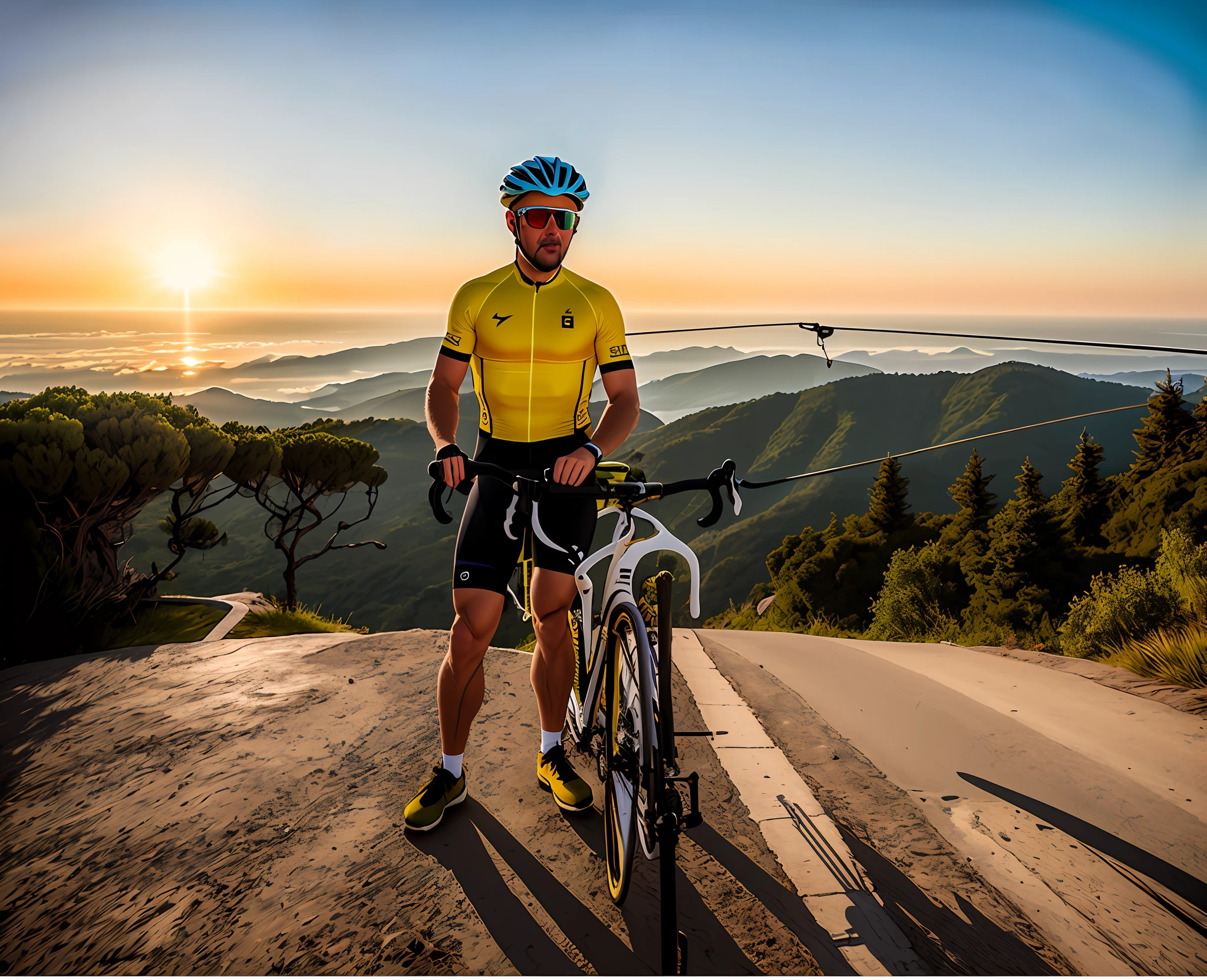 Man in yellow shirt and helmet standing on a mountain with a bicycle, Postagem no Reddit, ciclismo!!, imagem de perfil, Foto do perfil, foto do perfil, instagram post, com uma cidade em segundo plano, Bram Sels, Belas vistas, against the backdrop of trees, album photo, Alma piedosa, Fotografia tirada em 2 0 2 0