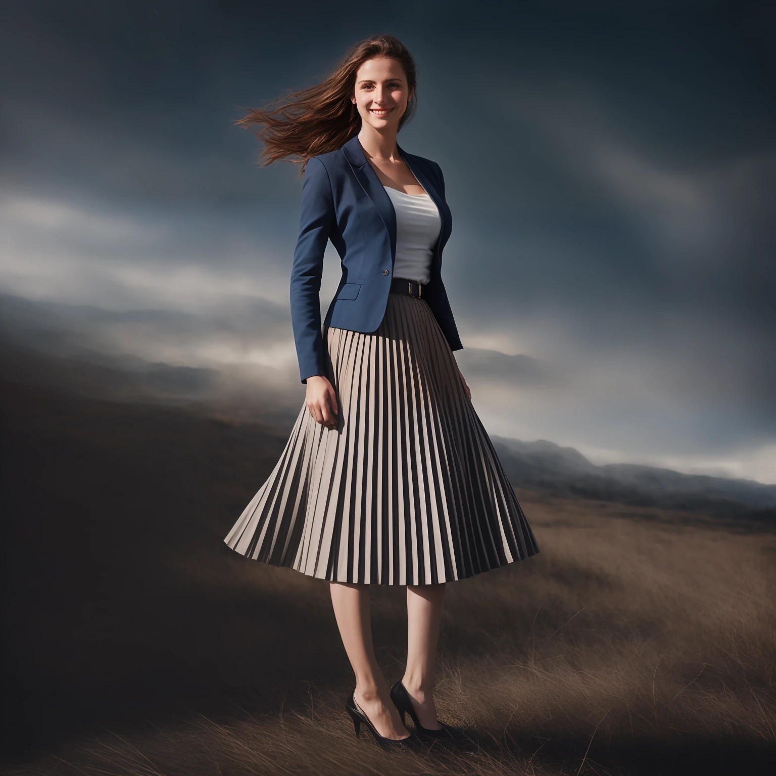authentic (shy smiling) good woman wearing a short blazer with a very very detailed (long (fully pleated) full circle skirt) and (simple) low heeled office shoes, very very intricate hyper-detailed symmetric (attractive graceful young feminine face) with (sad, tired eyes and shy smile:1,1), large breasts, full of empathy and compassion and love, (pronounced (feminine) features), (highly detailed ultra accurate realistic) hands and fingers, (windy conditions and wind blowing), epic composition, highly detailed attributes, highly detailed atmosphere, (35mm f1.4 Kodak portra 400 photograph), extremely high quality RAW photograph, intricate, Exquisite details and textures,