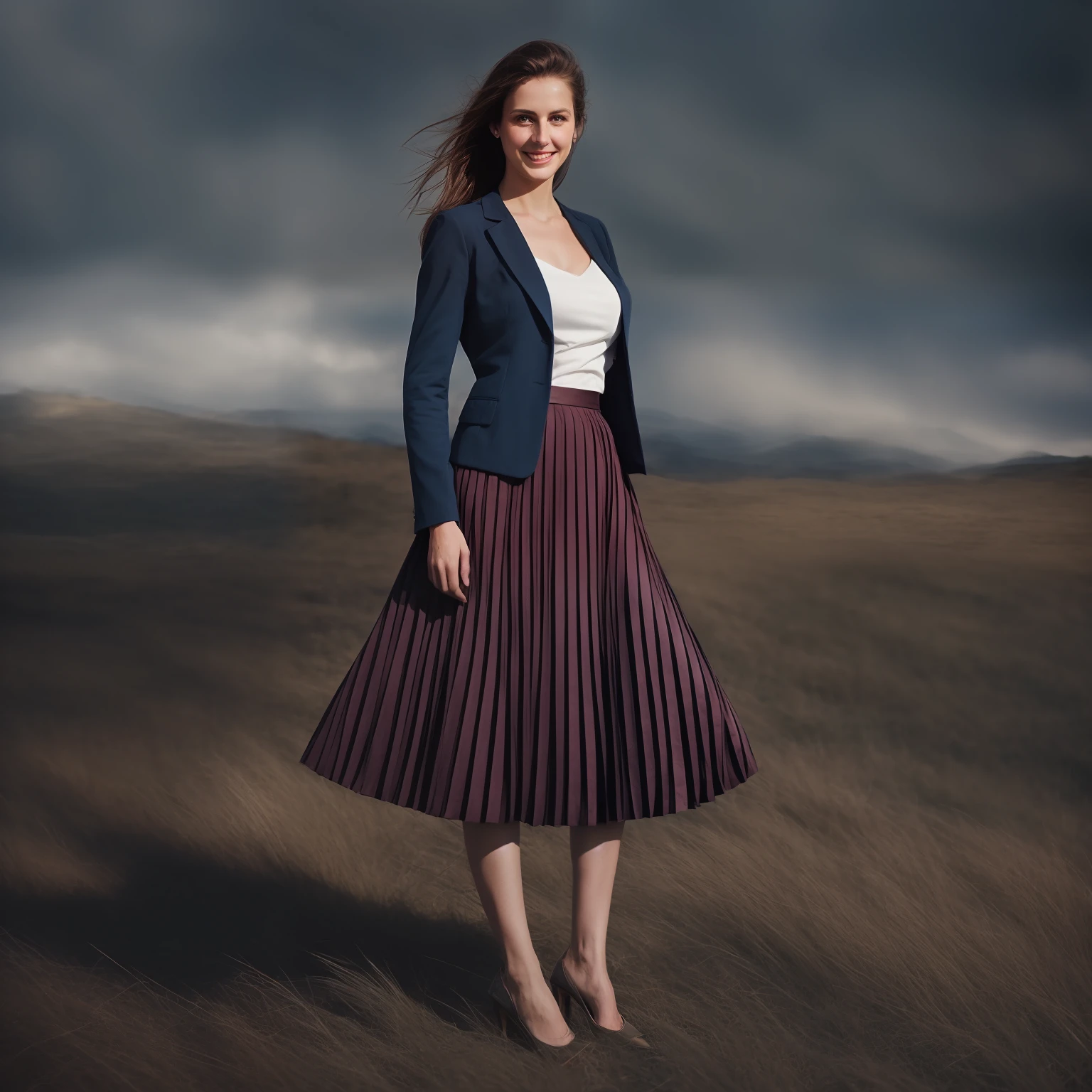 authentic (shy smiling) good woman wearing a short blazer with a very very detailed (long (fully pleated) full circle skirt) and (simple) low heeled office shoes, very very intricate hyper-detailed symmetric (attractive graceful young feminine face) with (sad, tired eyes and shy smile:1,1), large breasts, full of empathy and compassion and love, (pronounced (feminine) features), (highly detailed ultra accurate realistic) hands and fingers, (windy conditions and wind blowing), epic composition, highly detailed attributes, highly detailed atmosphere, (35mm f1.4 Kodak portra 400 photograph), extremely high quality RAW photograph, intricate, Exquisite details and textures,