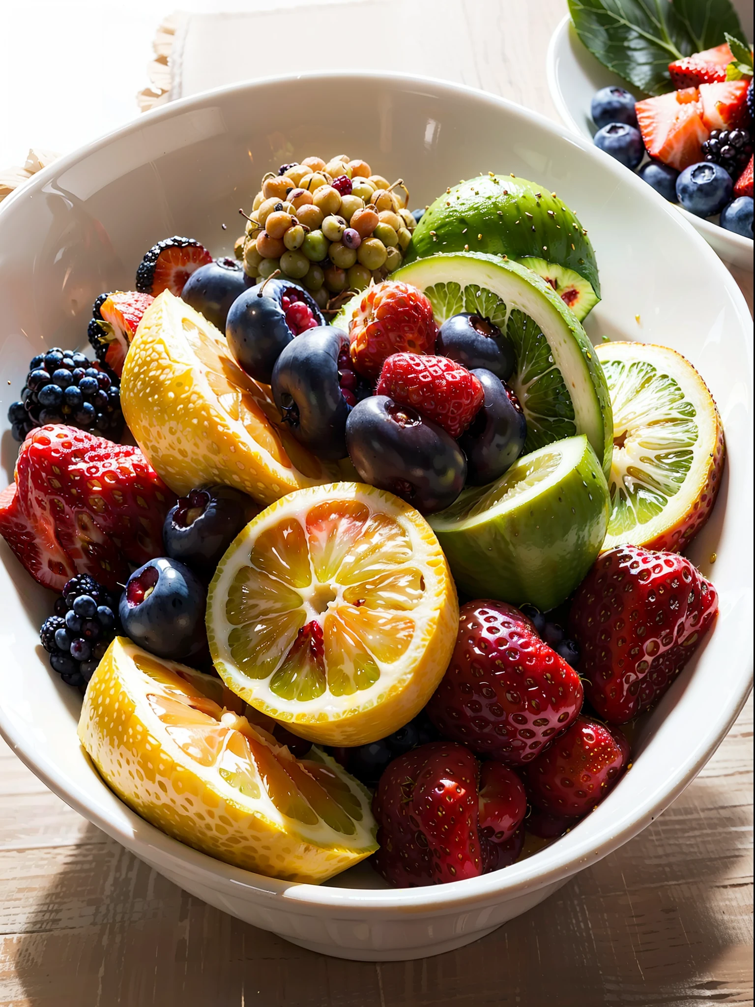 Healthy and tasty-looking bowl of mixed fruits and berries, Style: Natural lighting - AR3:2