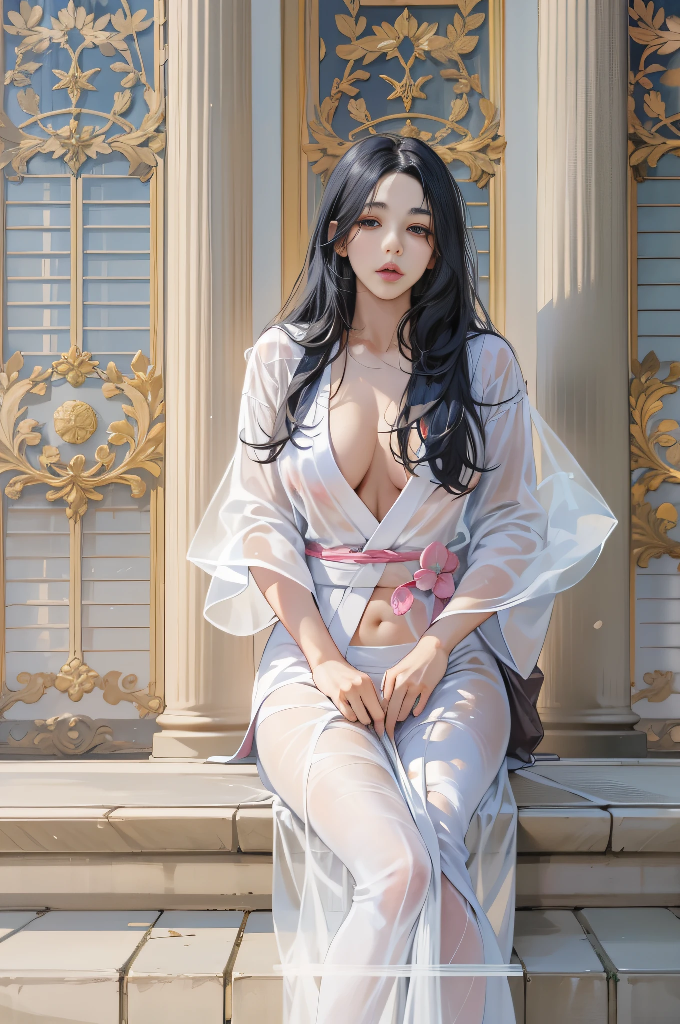 32 year old beautiful woman with attractive long black hair、Double eyelids、The background is the Palace of Versailles in France、Looking here、One white see-through yukata that sticks to bare skin、very large breast、wide open legs、The color and shape of the tip of the chest is visible 、You can see the color and shape of the areola、You can see through a lot of pubic hair、The entire chest shows through、