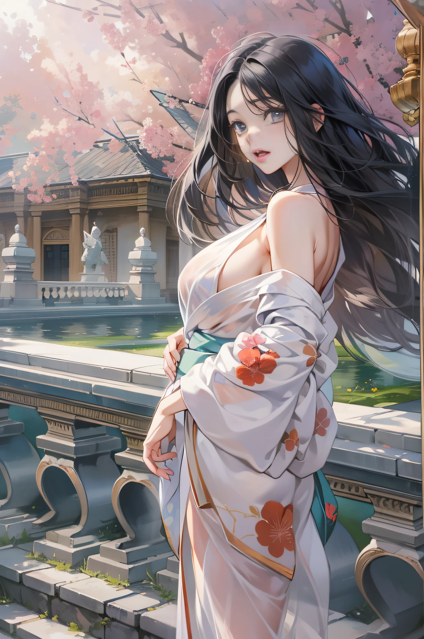 32 year old beautiful woman with attractive long black hair、Double eyelids、The background is the Palace of Versailles in France、Looking here、One white see-through yukata that sticks to bare skin、very large breast、wide open legs、The color and shape of the tip of the chest is visible 、You can see the color and shape of the areola、You can see through a lot of pubic hair、The entire chest shows through、