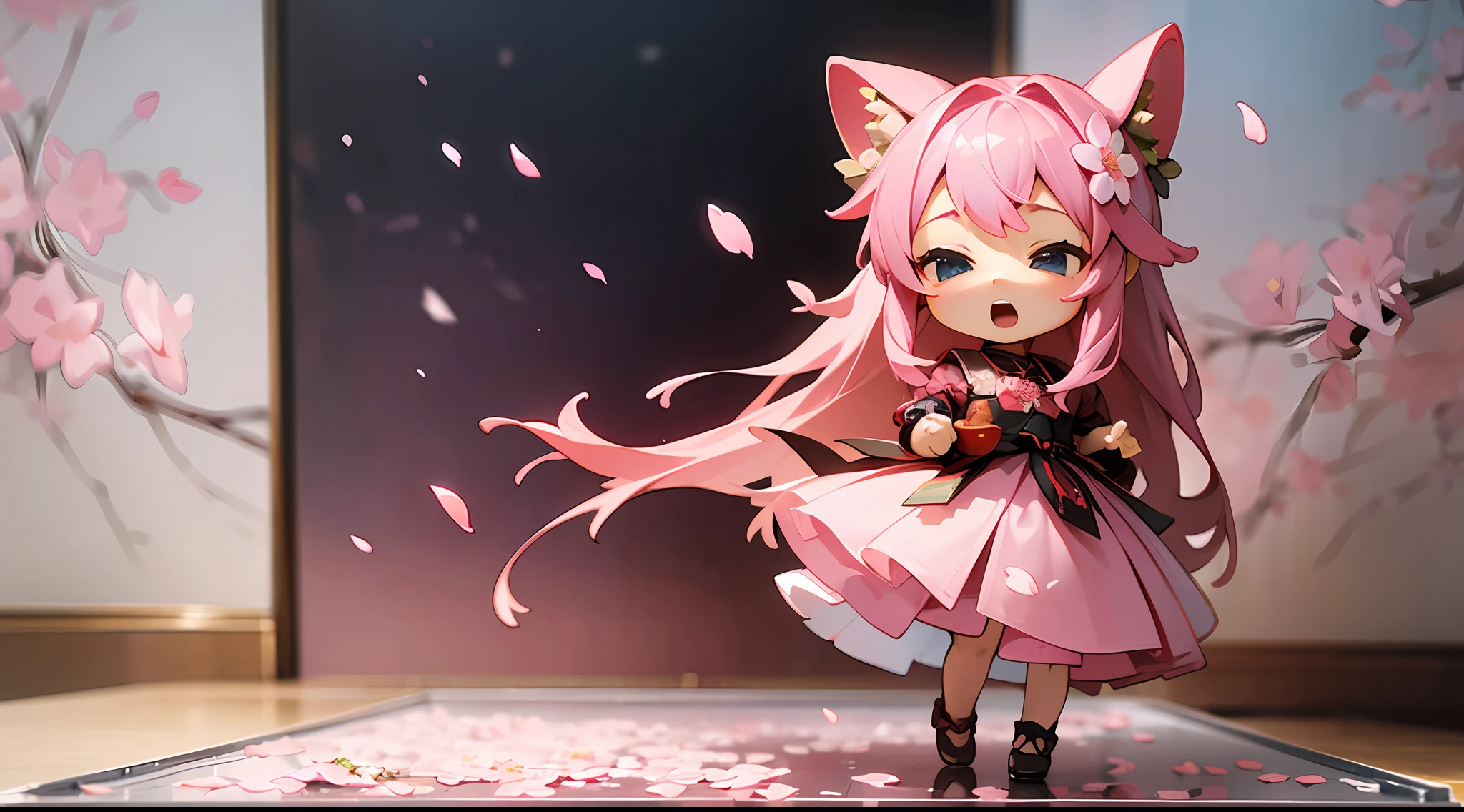 photoRealstic、Doll standing in front of the painting、bionde、Yawning face、Sengai、pixiv、rokoko、dollfie dream、watercolor Nendoroid、(High Definition Figure)、flowing sakura-colored silk、nendroid、highly_Detailed!!,Cherry blossom petals、Flowing cherry blossom silk、season!!: 🌸 ☀ 🍂 ❄