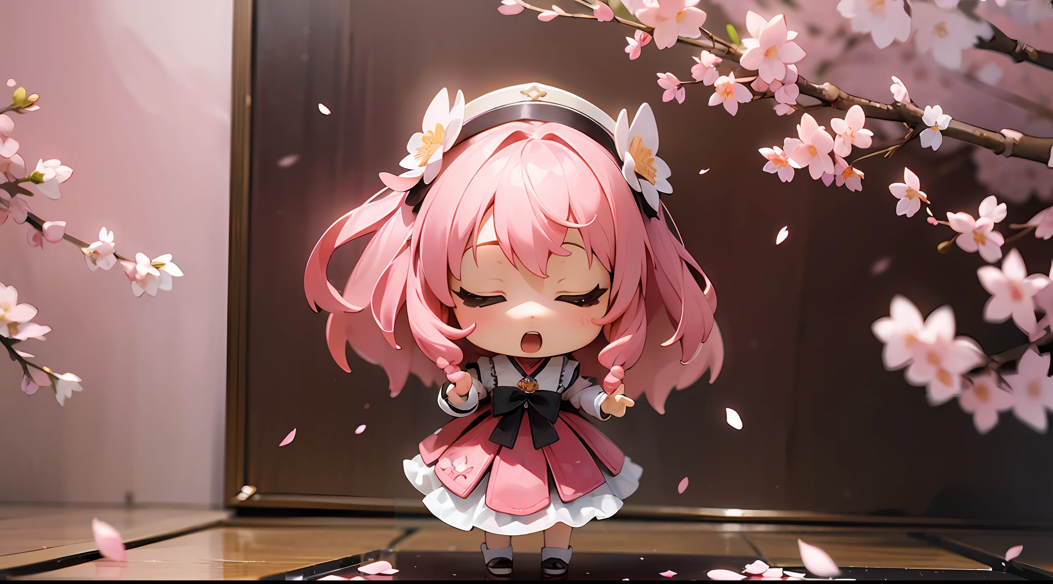 photoRealstic、Doll standing in front of the painting、bionde、Yawning face、Sengai、pixiv、rokoko、dollfie dream、watercolor Nendoroid、(High Definition Figure)、flowing sakura-colored silk、nendroid、highly_Detailed!!,Cherry blossom petals、Flowing cherry blossom silk、season!!: 🌸 ☀ 🍂 ❄