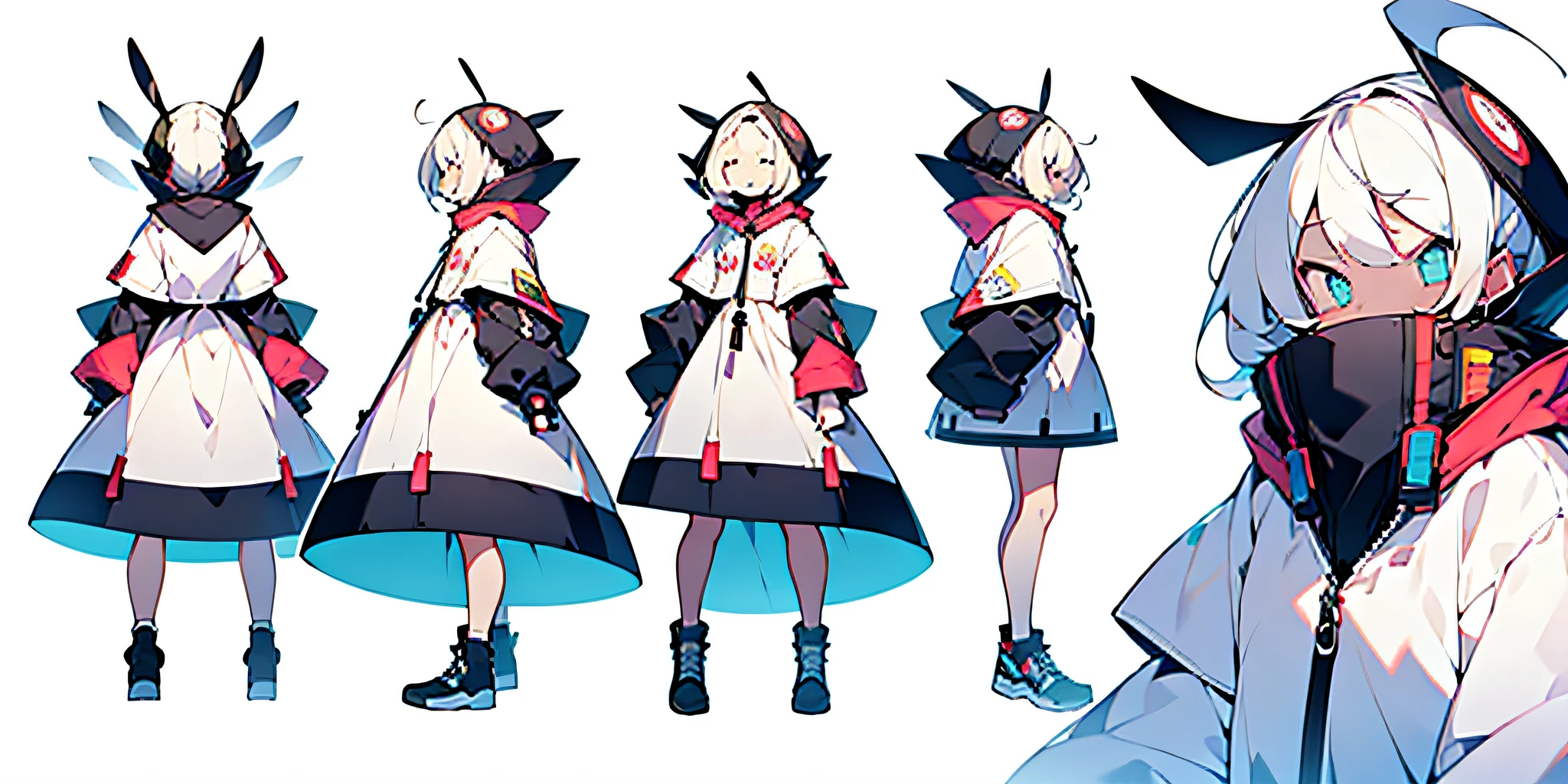 masterpiece, best quality, 1girl, simple background, (white background:1.5), multiple views,
loli,ahoge,sport,shoes,white_skil,white_dress,hood_down,white_hair,blue_eyes