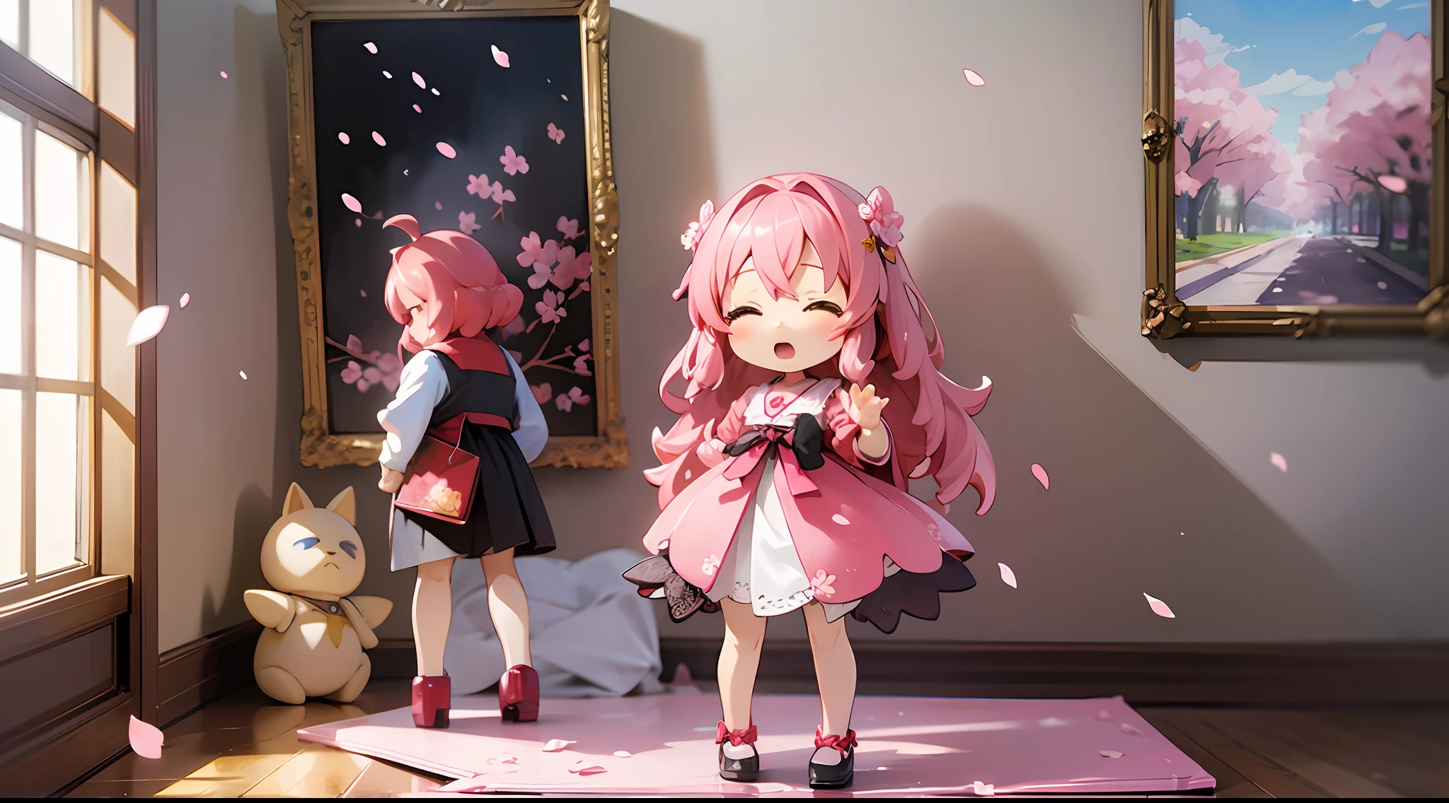 photoRealstic、Doll standing in front of the painting、bionde、Yawning face、Sengai、pixiv、rokoko、dollfie dream、watercolor Nendoroid、(High Definition Figure)、flowing sakura-colored silk、nendroid、highly_Detailed!!,Cherry blossom petals、Flowing cherry blossom silk、season!!: 🌸 ☀ 🍂 ❄