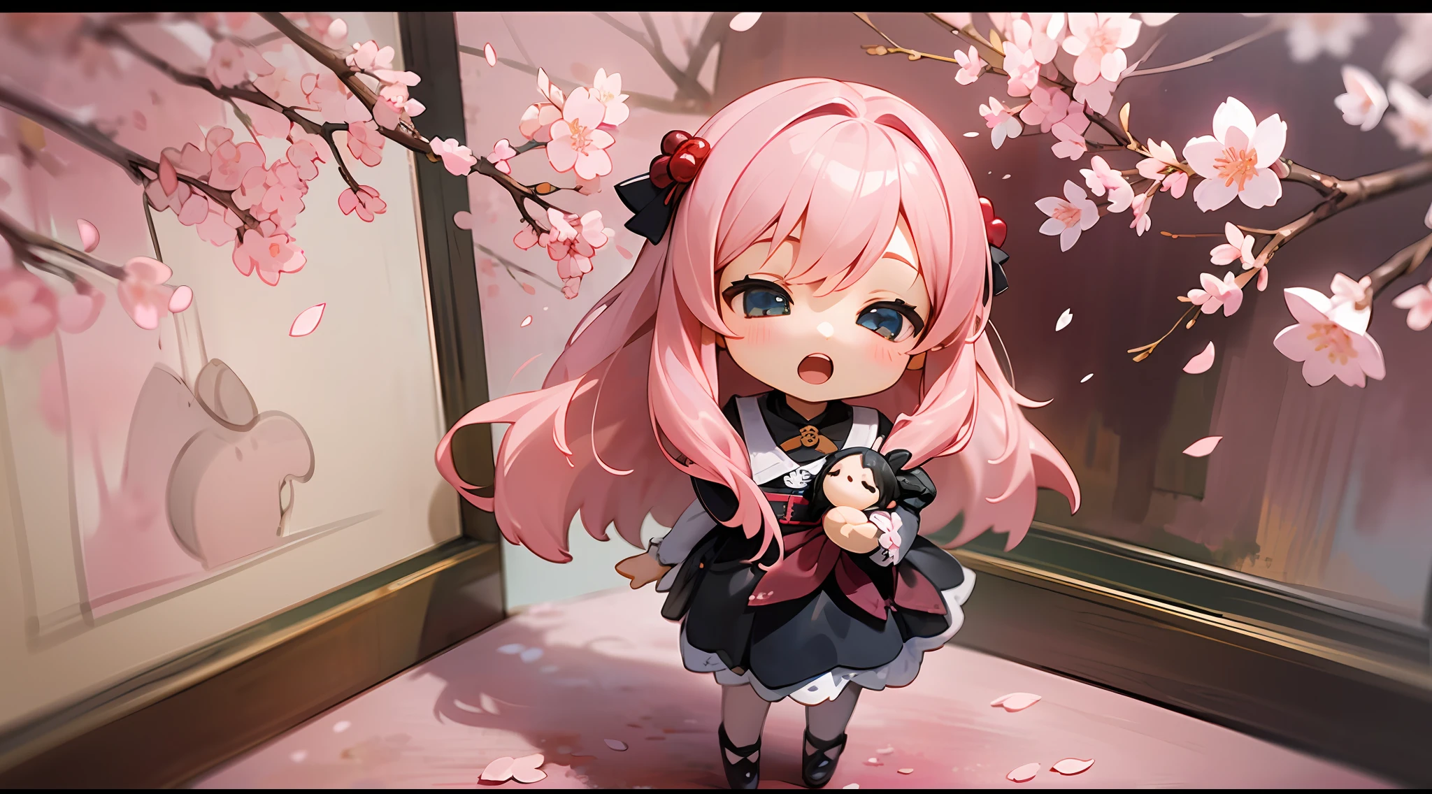photoRealstic、Doll standing in front of the painting、bionde、Yawning face、Sengai、pixiv、rokoko、dollfie dream、watercolor Nendoroid、(High Definition Figure)、flowing sakura-colored silk、nendroid、highly_Detailed!!,Cherry blossom petals、Flowing cherry blossom silk、season!!: 🌸 ☀ 🍂 ❄
