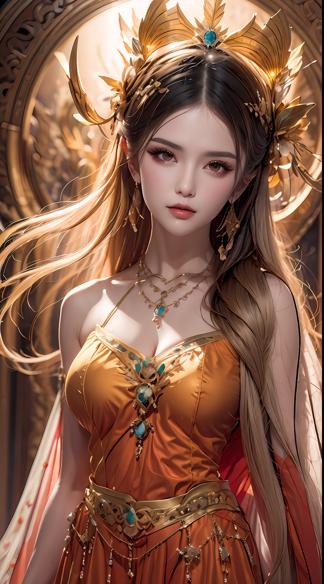 1 20 year old girl, 1 goddess Athena, colorful silk dress, beautiful goddess Athena face without blemishes, thin colorful nightgown, long thin female nightgown with many sexy black lace details, saint legend, saint icon, beautiful goddess style elegant glitter, dark and mysterious version, holy woman crown, vermilion lips, thin and beautiful lips, detailed and beautiful, karol character, no smile intricate, detailed background, extremely detailed, light magic, (pure and spotless face: 1.9), holy woman's body, round breasts, big and round breasts, phoenix brooch, long flat bangs, (7-color rainbow-colored hair: 1.9), clear beautiful face and well-proportioned eyes, (transparent yellow eyes: 1.8), (big round eyes and meticulous make-up, very beautiful and hidden makeup, long blonde hair, hidden makeup, beautiful and meticulous sleeping ring, pale, upper body, (sanctus upper bodies): 1.8), drooping arms, Realistic and vivid images, (stars that make up the sky: 1.7), (sky of heaven and fictional gates of time and space: 1.8), fictional art, RAW photos, hanfu photos, best photos, high resolution, best quality, best photos, surreal portraits, surreal female images, 8k quality , single female saint portrait, most realistic color scheme, best photo color, masterpiece, hair decoration, necklace, jewelry, pretty face, upper body, brand tyndall effect, real photo, dark studio, rim light, two-tone light, (rose white skin: 1.4), (high skin detail: 1.1), 8k uhd, dslr, high resolution, soft light, high quality, high quality h, Smooth and sharp, 10x pixelated, sexy goddess, sexy goddess, (background space: 1.8), (galaxy: 1.7) ), aurora, lightning, (Aurora Background: 1.8), most beautiful eyes, picture perfect eyes, beautiful saint and flowers, athena alone,