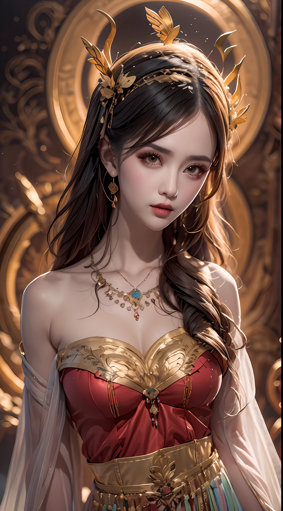 1 20 year old girl, 1 goddess Athena, colorful silk dress, beautiful goddess Athena face without blemishes, thin colorful nightgown, long thin female nightgown with many sexy black lace details, saint legend, saint icon, beautiful goddess style elegant glitter, dark and mysterious version, holy woman crown, vermilion lips, thin and beautiful lips, detailed and beautiful, karol character, no smile intricate, detailed background, extremely detailed, light magic, (pure and spotless face: 1.9), holy woman's body, round breasts, big and round breasts, phoenix brooch, long flat bangs, (7-color rainbow-colored hair: 1.9), clear beautiful face and well-proportioned eyes, (transparent yellow eyes: 1.8), (big round eyes and meticulous make-up, very beautiful and hidden makeup, long blonde hair, hidden makeup, beautiful and meticulous sleeping ring, pale, upper body, (sanctus upper bodies): 1.8), drooping arms, Realistic and vivid images, (stars that make up the sky: 1.7), (sky of heaven and fictional gates of time and space: 1.8), fictional art, RAW photos, hanfu photos, best photos, high resolution, best quality, best photos, surreal portraits, surreal female images, 8k quality , single female saint portrait, most realistic color scheme, best photo color, masterpiece, hair decoration, necklace, jewelry, pretty face, upper body, brand tyndall effect, real photo, dark studio, rim light, two-tone light, (rose white skin: 1.4), (high skin detail: 1.1), 8k uhd, dslr, high resolution, soft light, high quality, high quality h, Smooth and sharp, 10x pixelated, sexy goddess, sexy goddess, (background space: 1.8), (galaxy: 1.7) ), aurora, lightning, (Aurora Background: 1.8), most beautiful eyes, picture perfect eyes, beautiful saint and flowers, athena alone,