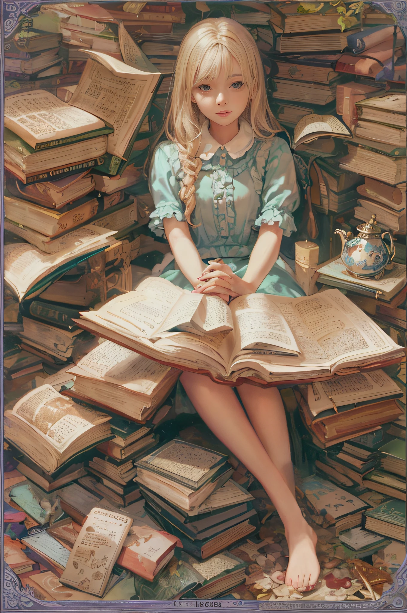 (Dreaming:1.2), (Fantasy:1.2), 1Girl, Only One Girl, Solo, (Full Body:1.9), (Reading a book: 1.7), (Realistic book shape: 1.7), natural book form, (Many books:1.5), (5fingers in total: 1.5), (2 arms:1.7), (2 legs:1.7), 5fingers, complete 5fingers, natural 5fingers, Natural nail shape, (natural nails: 1.2),(Alice in Wonderland:1.1)