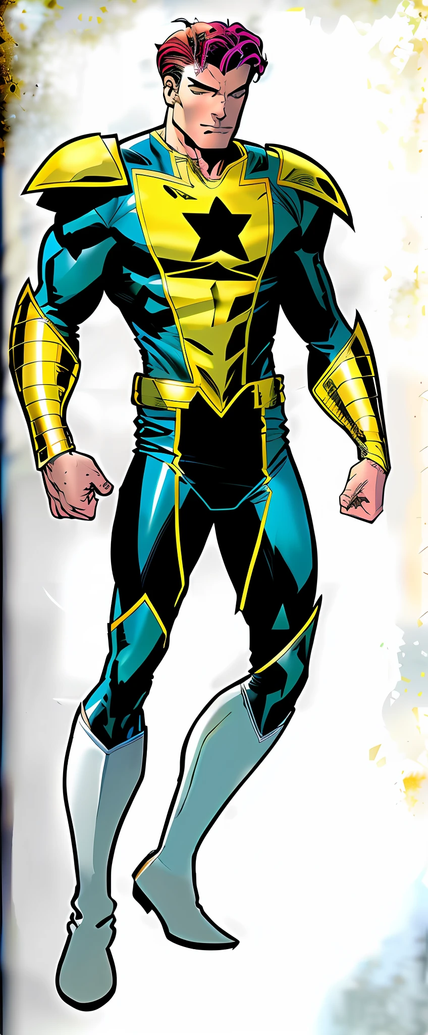 a close up of a comic character with a yellow and blue costume, phil jimenez, ethan van sciver, comic book character, inspired by John Romita Jr, full portrait of electromancer, john romita senior, russell dauterman, yellow x-man costume, full body close-up shot, fullbody view, jason fabok. greg staples, clean white background, closed eyes, faded