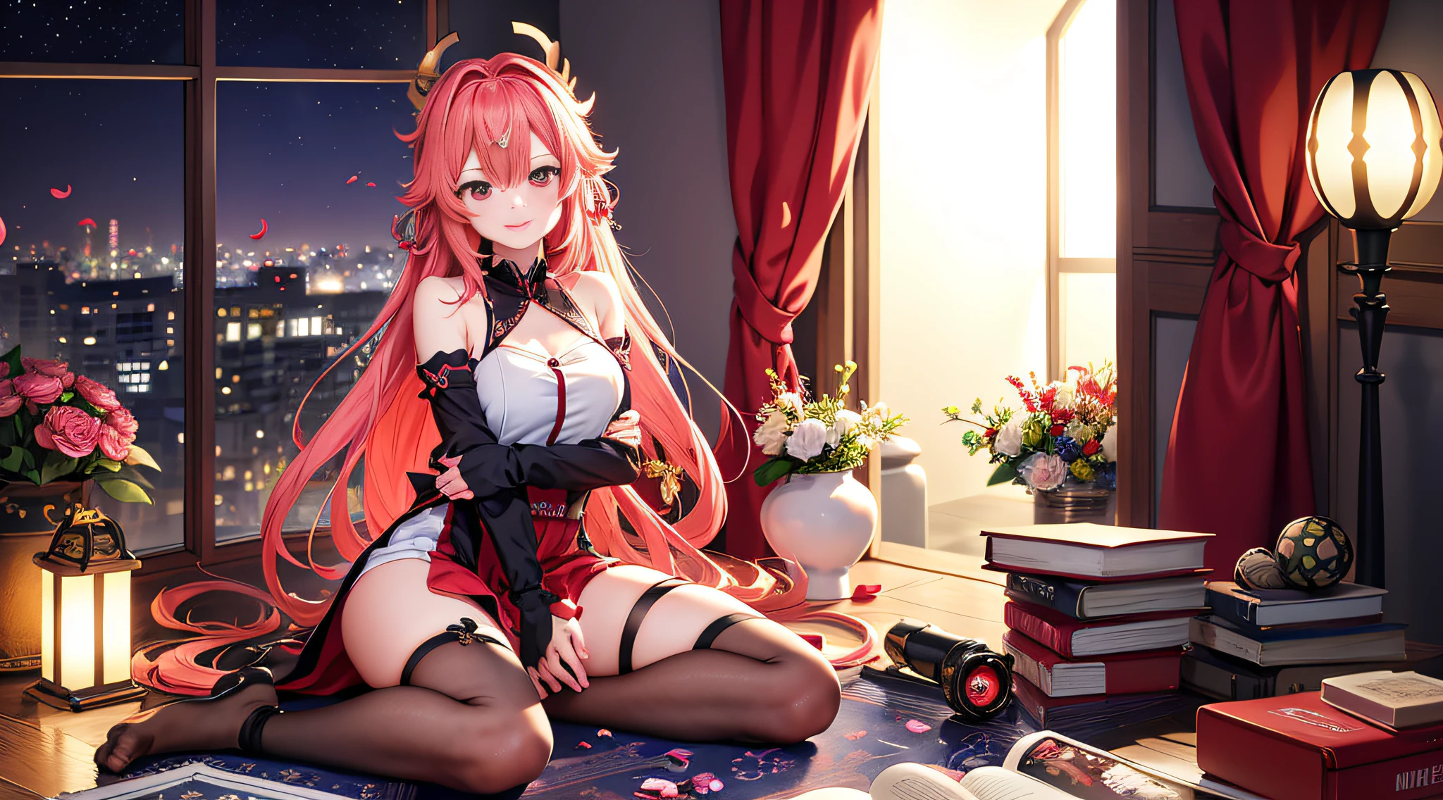 (Extreme Detail CG Unity 8K Wallpapers,tmasterpiece,Highest image quality),(Delicate light and shadow,The picture is highly dramatic,Cinematic lens effect)school ground、Female Student、Stand in the center of the lens、Paper、School supplies fell to the floor、holding books、standing on your feet、Long light red hair、Small and beautiful、with fair and smooth skin、Hole-in fishnet socks、shift dresses、grin、Slender eyebrows、Small nose、The eyes are deep and bright、Lips are rosy and plump 、The costume is simple、vibrancy、Bright colors、cozily、耳Nipple Ring、Bracelet、hair adornments、head gear、Wrist watch、Playful、Girly、stocklings、Black lace panties、Leg chains、fresh flowers、Cute shoes、Falling debris、Full body like、Dignified、中景 the scene is、petals、anime big breast、quadratic element、Brush strokes --auto