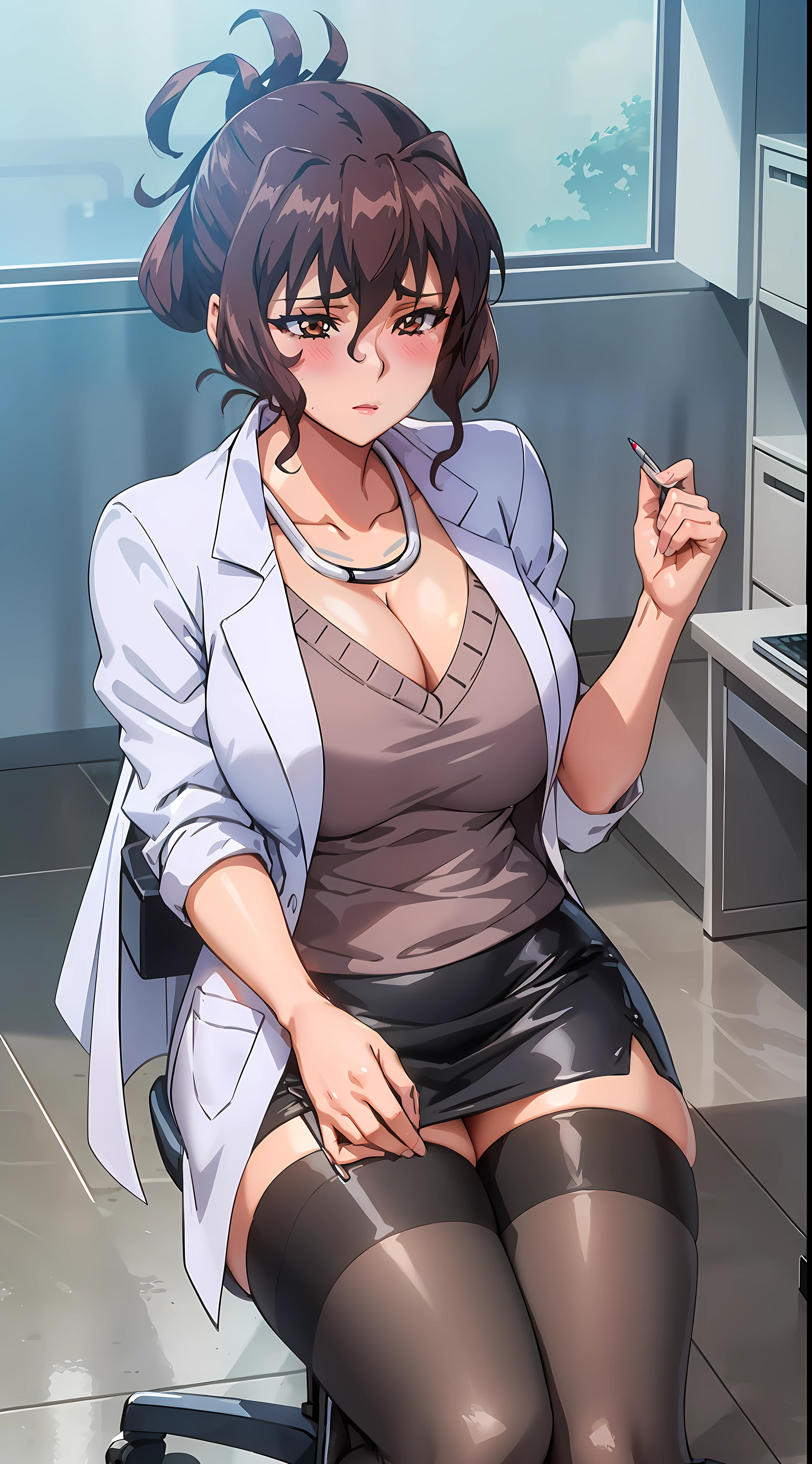 (beautiful hand:1.2), (masterpiece, best quality:1.3), Aiko Katsuragi, mature female, (full body shot:1.05), milf, (curvy:0.9), 1girl, anime face, sitting on chair, doctor, labcoat, stethoscope, short pencil skirt, (thighhighs:1.05), highheels, makeup, large breasts, lipstick, brown eyes, folded ponytail, brown hair, cleavage, perfect body, (athletic body:1.1), perfect eyes, anime eyes, smoky eyeliner, eyeshadow, perfect face, caring face, glance, blush, high sharpness, sharp focus, medical room, professional artwork, intricate details, vivid colors, Diffused lighting, digital blending, ultra detailed body, ultra detail hair, ultra detail face, trending on pixiv