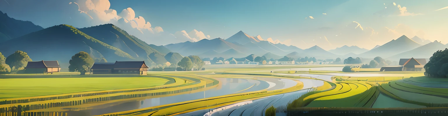 An east-west river runs through the rice fields,There are a lot of willows,Gangnam Village,The houses are scattered,The river is wide,and the sun was shining brightly,Hills in the distance ,Chinese illustration style。Detailed picture,Beautiful image,gwanghwamun --auto