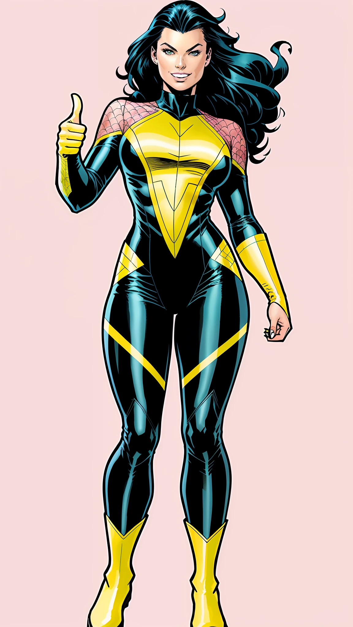 Woman in yellow and black costume giving thumbs up, X-Men costume, looks like Margot Robbie, new 52 style, russell dauterman, John Romita Jr, flowing black hair, modern comic book character, 2000's comics, spiderman but yellow, skinny, skin tight suit, enticing appearance, good hands, long yellow boots, sharp boots, smile