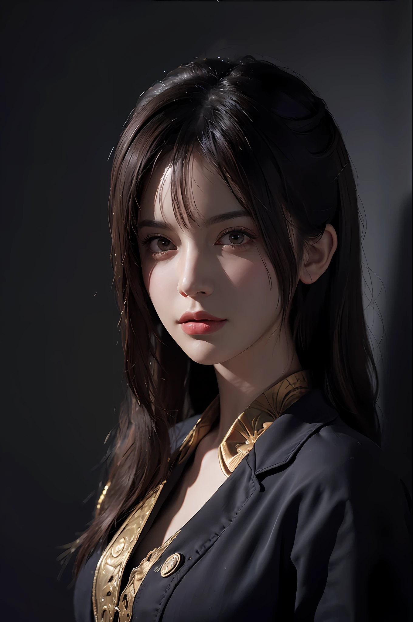 Hyperrealist portrait of female by david hockney and alphonse mucha,fantasy art, photo realistic, dynamic lighting, artstation, poster, volumetric lighting, very detailed faces, 4 k, award winning,, 1girl, in the dark, deep shadow, low key,cowboy shot,(official clothing:1.4) ,long hair,white hair,