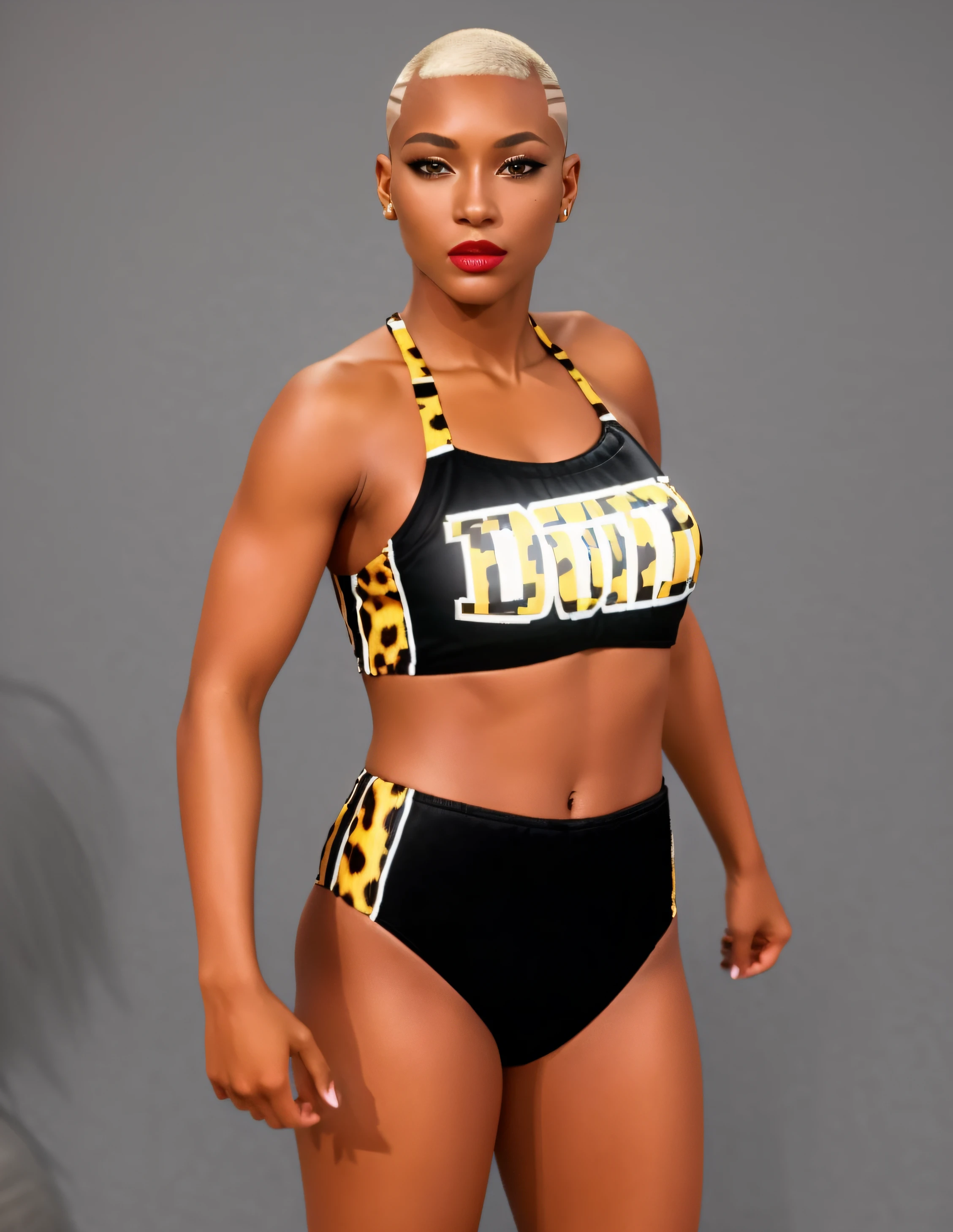 ((masterpiece, best quality)), Black blonde female wrestler with buzz cut hairstyle that has cuts on the side of her head, in black leopard striped patterned sports bra that says "DUNN", black leopard striped patterned high cut trunks, wearing lipstick, photo realistic, intricate details