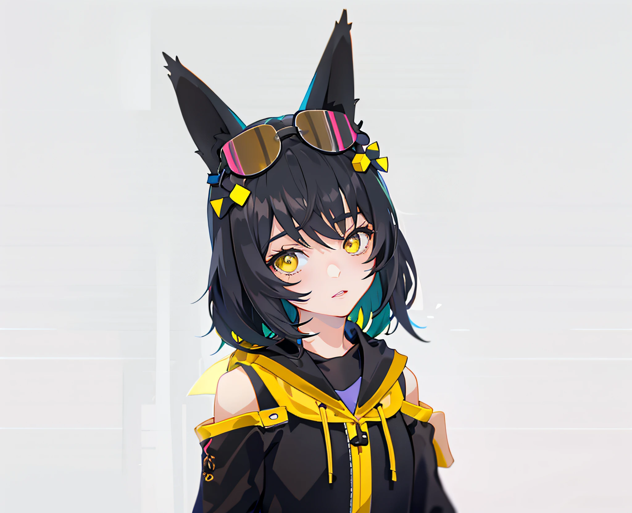 Anime girl with black hair and yellow eyes in black and yellow clothes, Anime moe art style, Anime style. 8K, anime girl with cat ears, vrchat, anime style character, render of a cute 3d anime girl, anime styled 3d, Stylized anime, Anime Stylization, illustration, made with anime painter studio, Anime art style