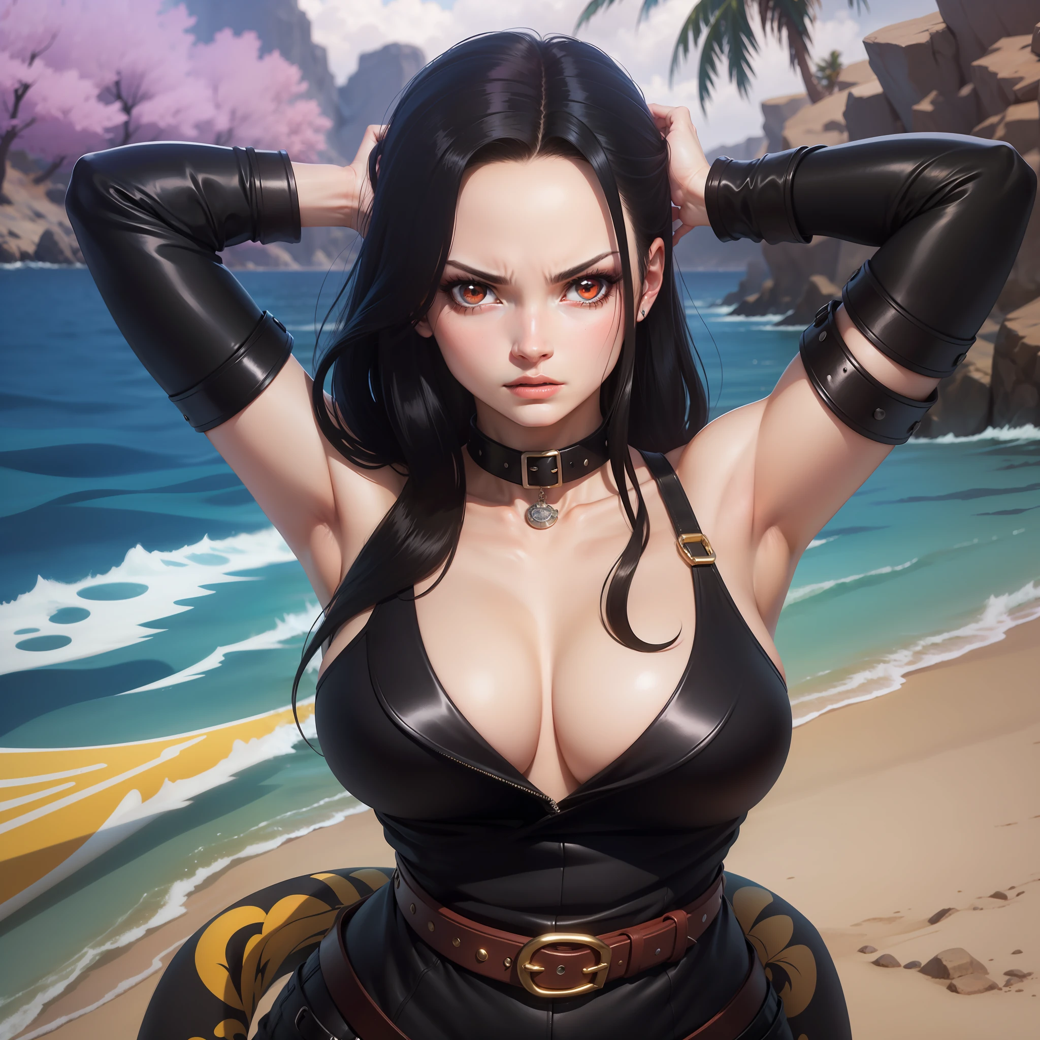 melhor qualidade, Red-eyed woman with long hair medium breasts top black medium belt black bright red eyes, cabelo preto, colar, pose fofa, black collar high black pants, frightened expression side pose, batom vermelho na boca, dentro de um navio, em alto mar, mar atras, Olhos vermelhos, cabelo longo pretos, olhos vermelhos brilhantes, pirata, navio de pirata, arqueologa colar, bracelete, usando oculos de arqueologa, boa hancok Cobra amarela pose sensual pose para foto nico robin cobra com escamas amarelas