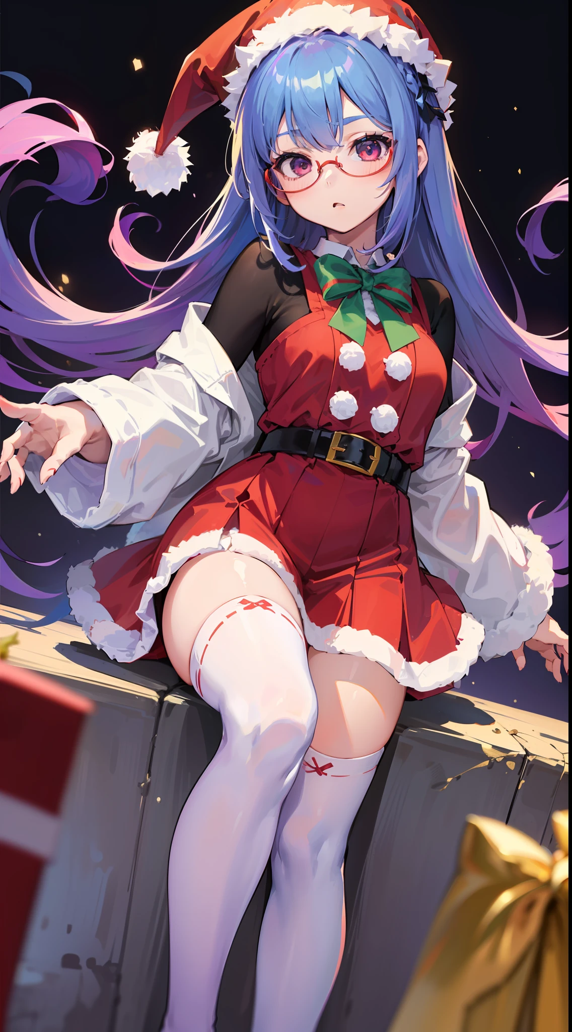 (teens girl,人物,校服,Gradient Long Hair+Pale blue hair+Purple hair ends+Red Half-rimmed Glasses+Purple eye:1.2,Christmas outfits,White over-the-knee stockings, Expressions are confident and static)