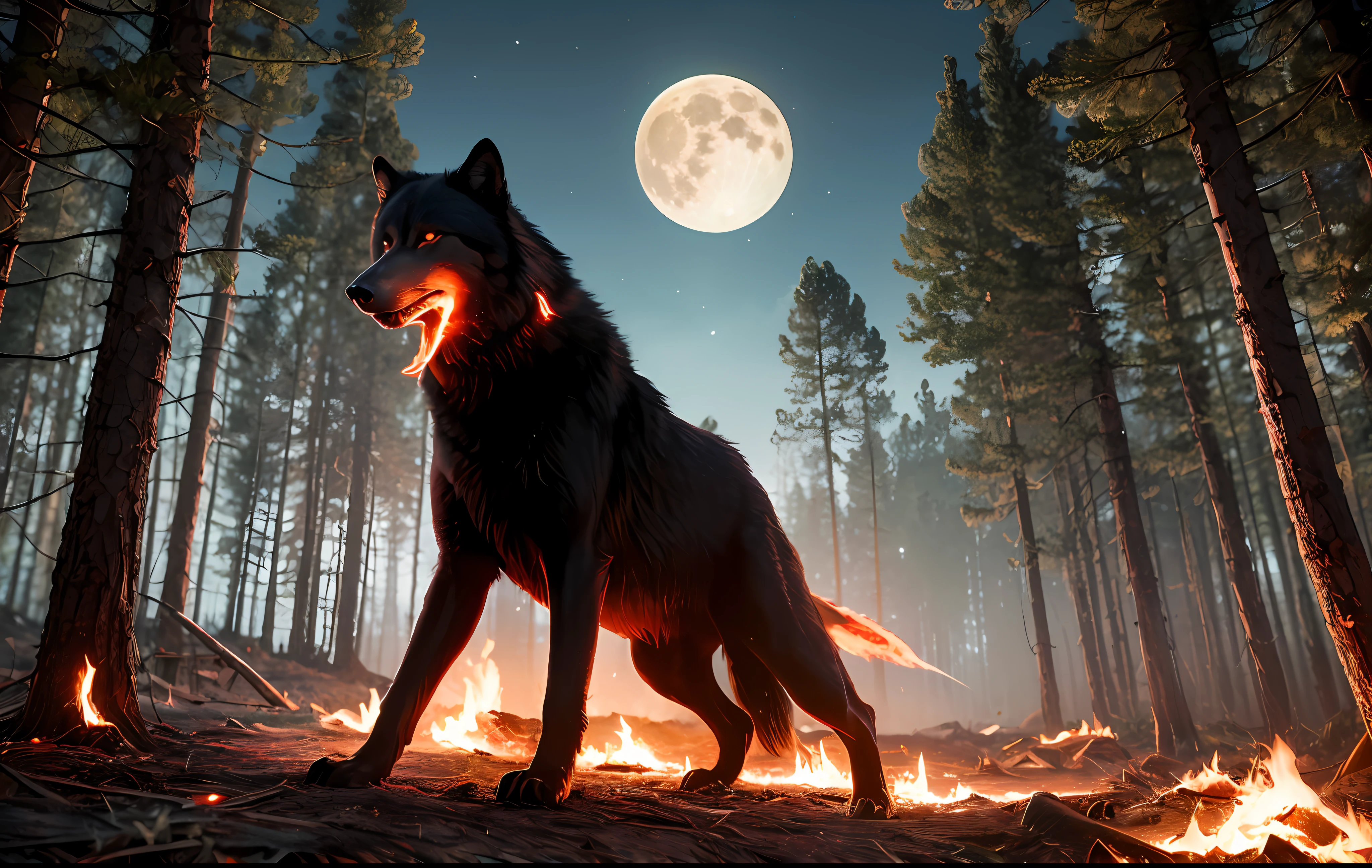 A powerful lone wolf burning with red flames in the forest, Full moon, Dark theme, 4K, Ultra high quality, Hyper-detailing, photography of, hentail realism