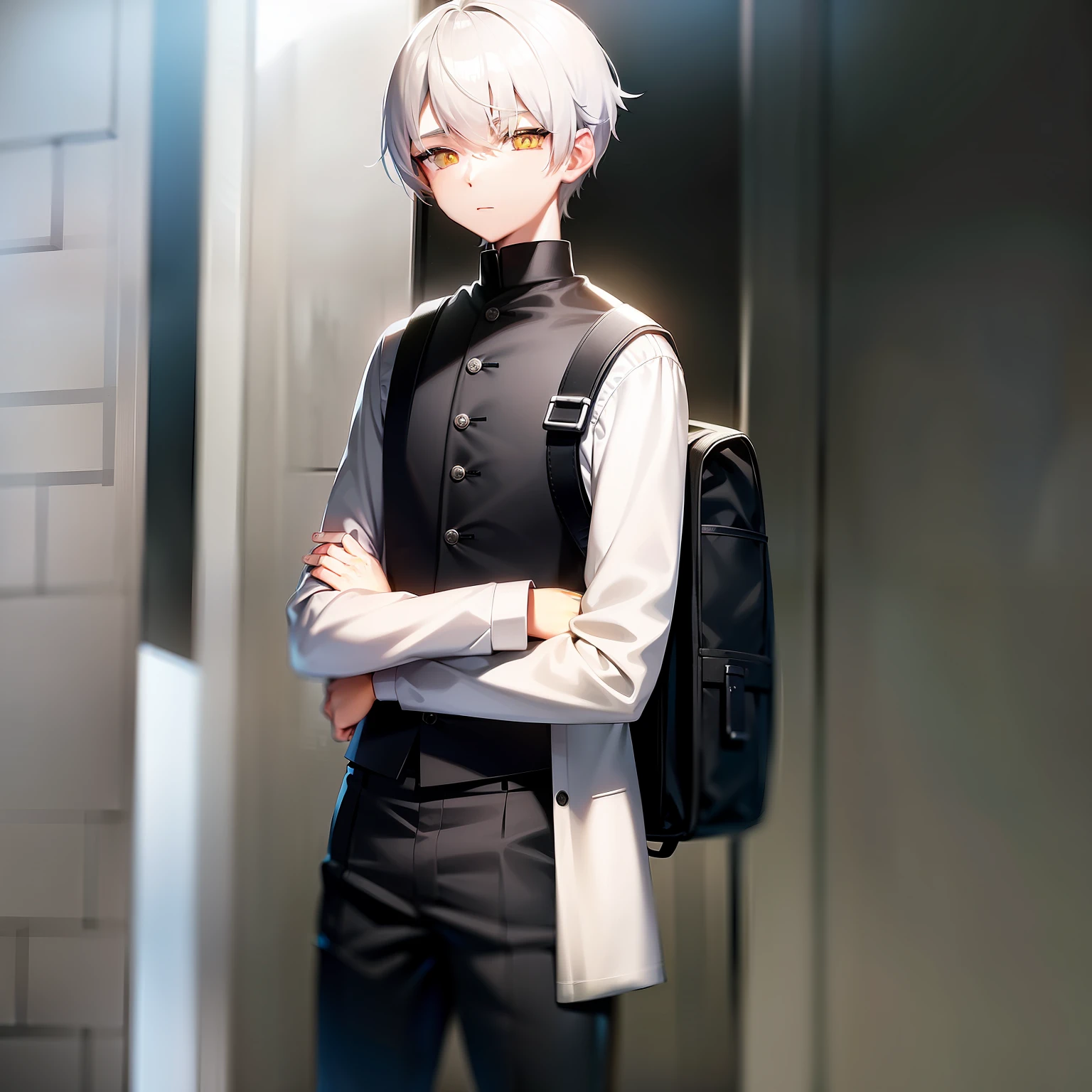 "A boy with white hair and yellow eyes, wearing black clothes, including a black shirt and pants, standing with arms crossed, holding a backpack, against a simple gray background."