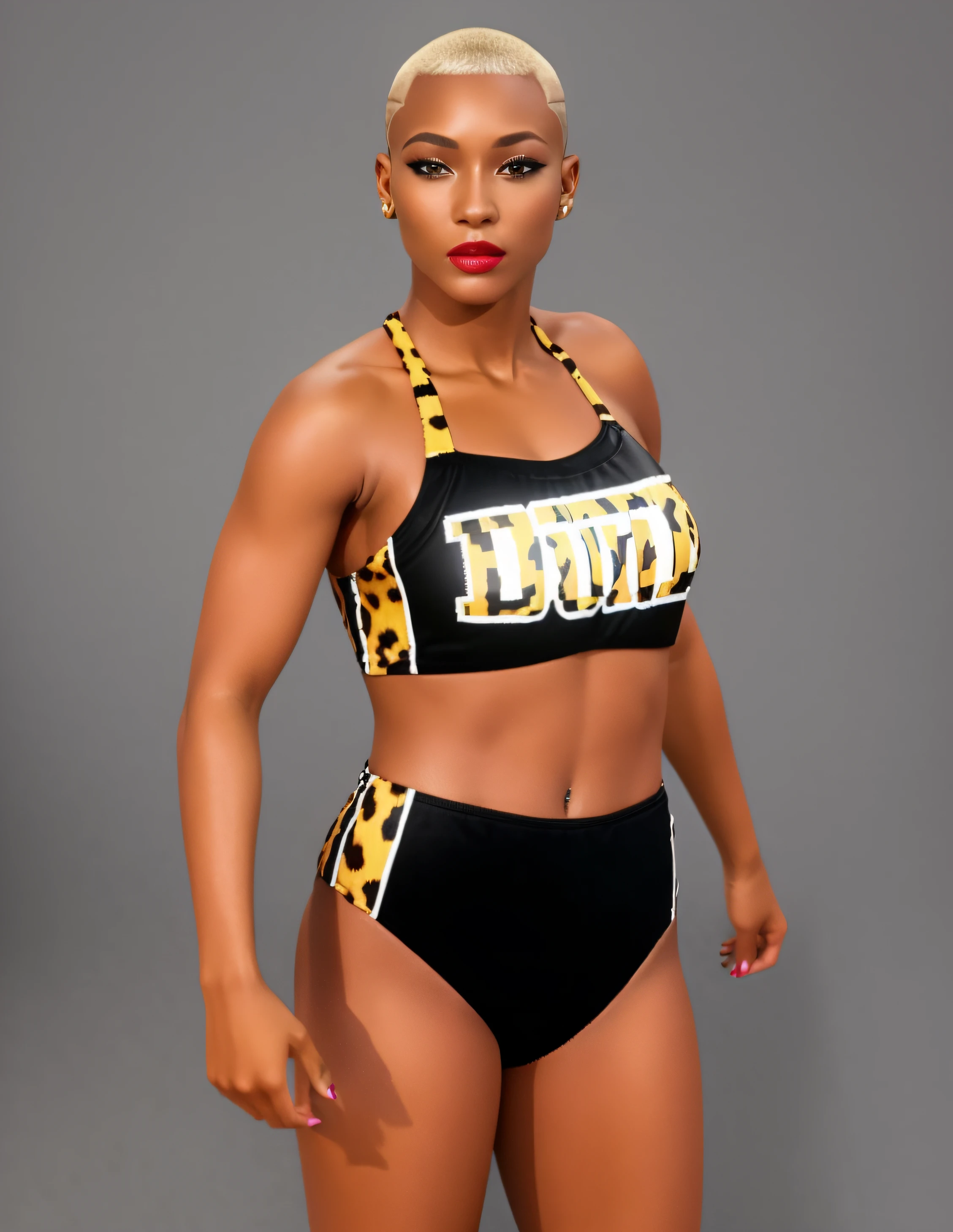 ((masterpiece, best quality)), Black blonde female wrestler with buzz cut hairstyle that has cuts on the side of her head, in black leopard striped patterned sports bra that says "DUNN", black leopard striped patterned high cut trunks, wearing lipstick, photo realistic, intricate details