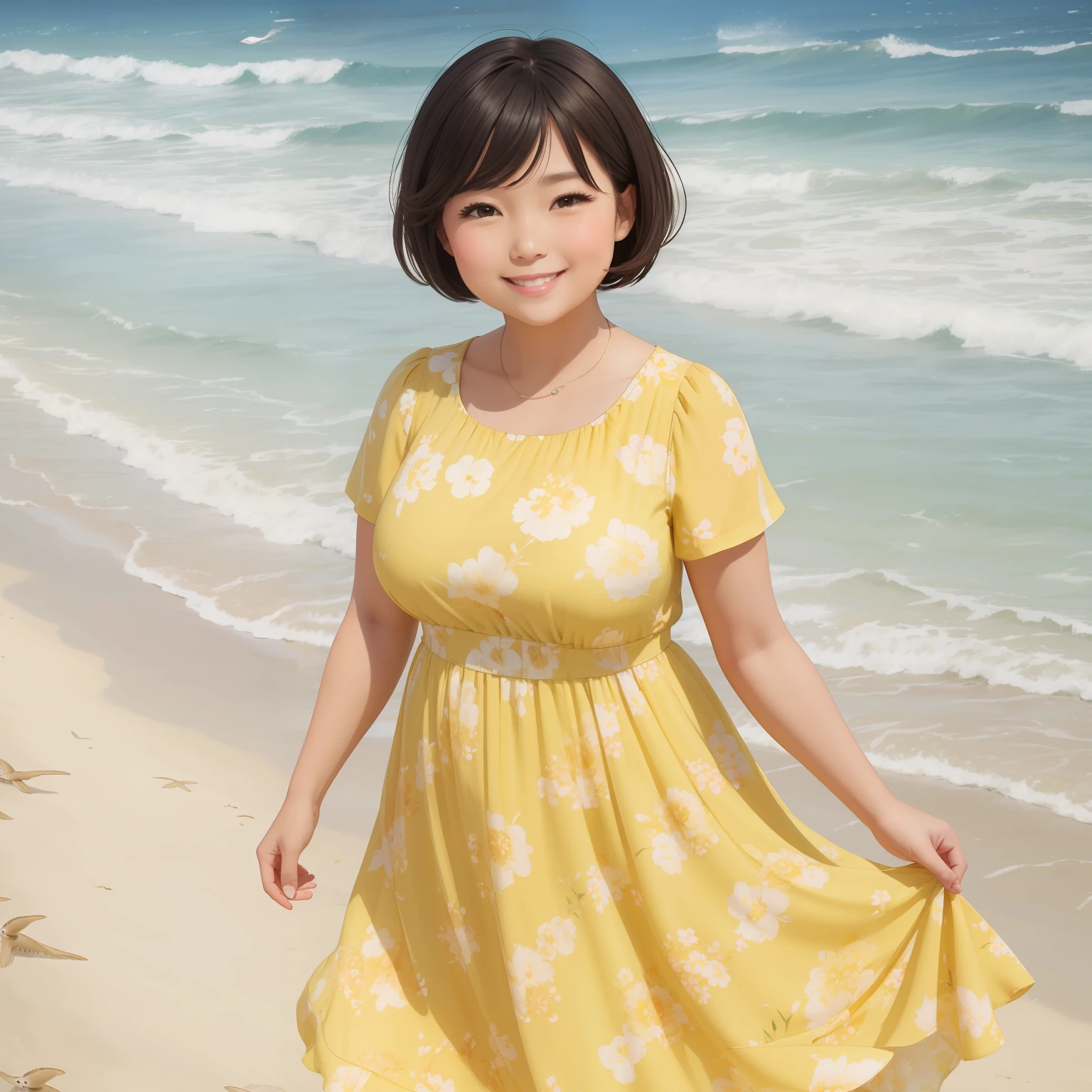 short detailed hair，Slightly fat，Yellow floral dress，beachside，Goose egg face，Smile sweetly --auto