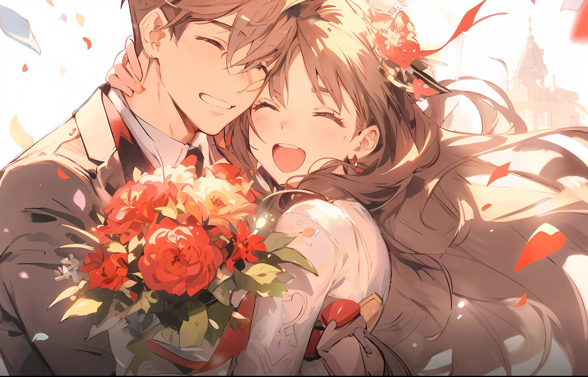 Anime couple kissing with flowers in front of sky background, Kawasi, Guweiz e Makoto Shinkai, granblue fantasy, Guviz, WLOP and Sakimichan, A scene from the《azur lane》videogame, sakimichan and frank franzzeta, Violet Evergarden, Ayaka Genshin impact