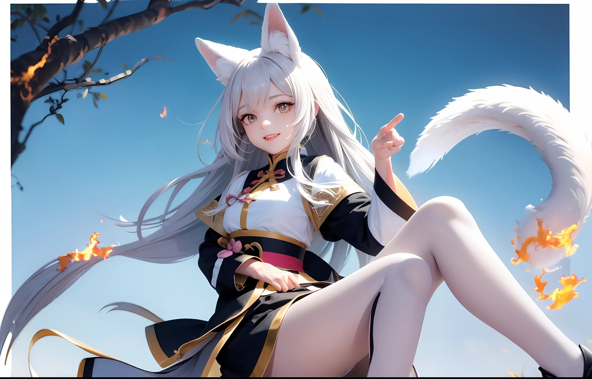 Need,tmasterpiece,Pink gradient to gray hair,Golden eyes,Look ahead,full bodyesbian,Hairline,Fair skin,Hair flying,ssmile,White tights,White knee-length socks,Beth,The hand emits flames,Titillating,White animal ears,White fox tail,Taoist uniform,