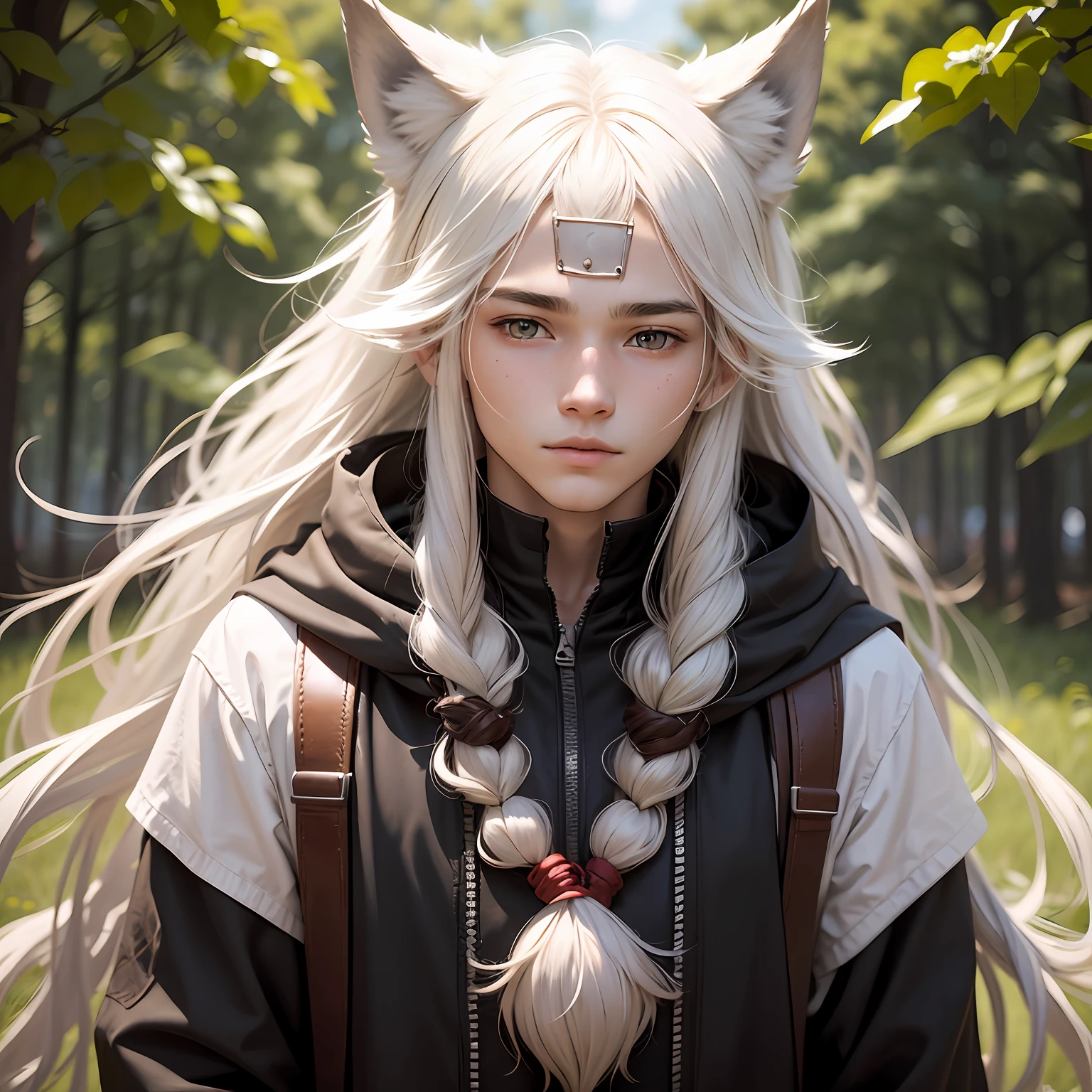 A -yeld maith brownish-red skin，long  white hair，There is a pair of wolf ears on the head --auto