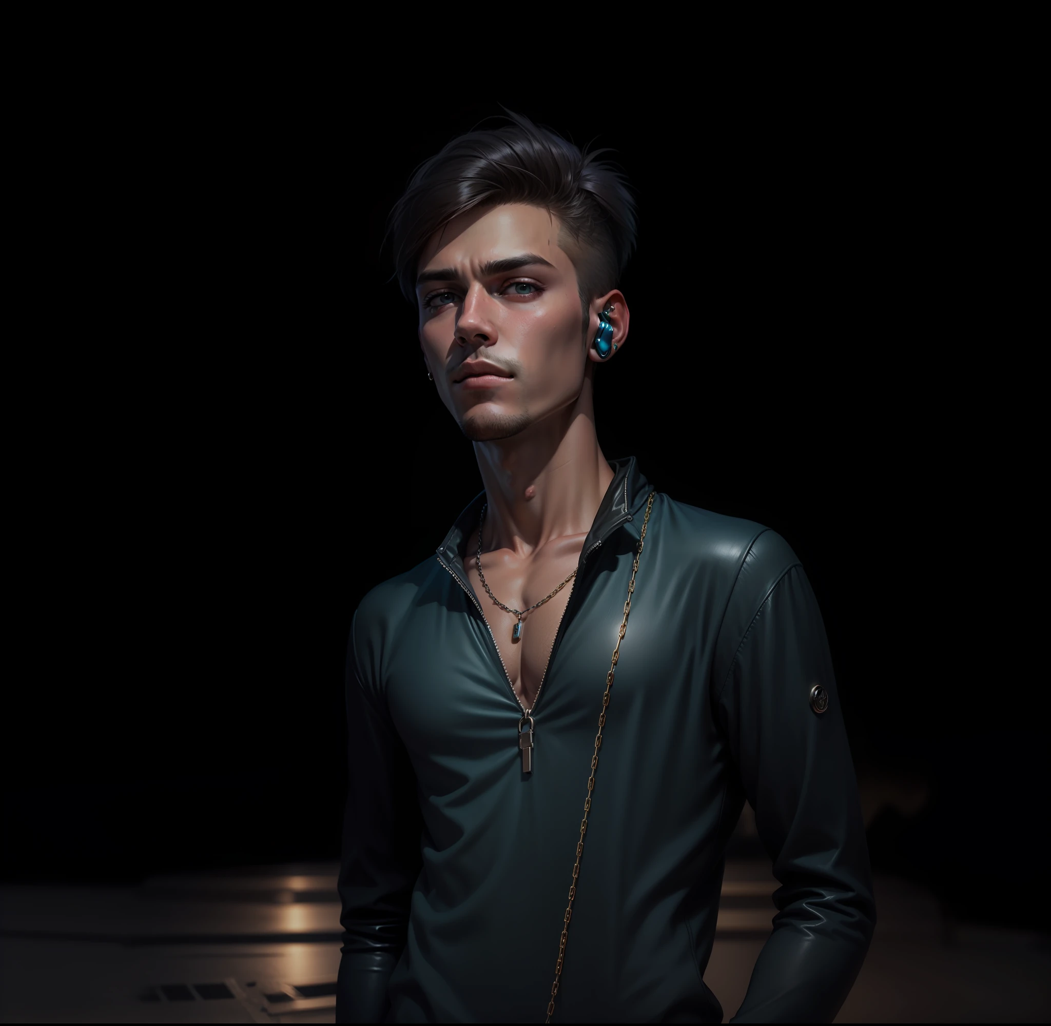 Background change cyberpunk Handsome boy realistic photo neck chain stylish and Bluetooth ear