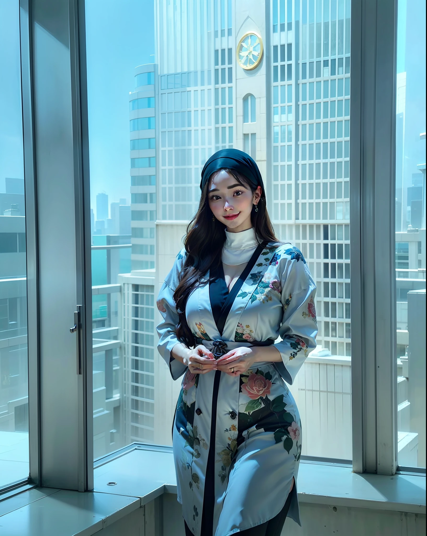 Live images, photo realistic, realistic, beautiful japanese woman in hijab, happy smile, earrings, very big breasted woman, cleavage, sexy ass, Sexy, shining beautiful white face, beautiful face, pink cheeks, beautiful lips, porcelain skin, detail intricate, super detailed, super high, supreme detailed, high detailed, delicate, incredible detailed, fine detailed, cinematic lighting, top quality, masterpiece, smooth and beautiful, CG, unity, 8k wallpaper, Stunning, fine detail, unity CG wallpaper 8k high detail, large file size, super detailed, high resolution, amazing detail, oil painting effect in Rembrandt art style, portrait concept art in Stanley Artgerm Lau style, WLOP, trending on Artstation, epic, trending on cgsociety, Detailed digital painting, very high quality model, looking at the camera