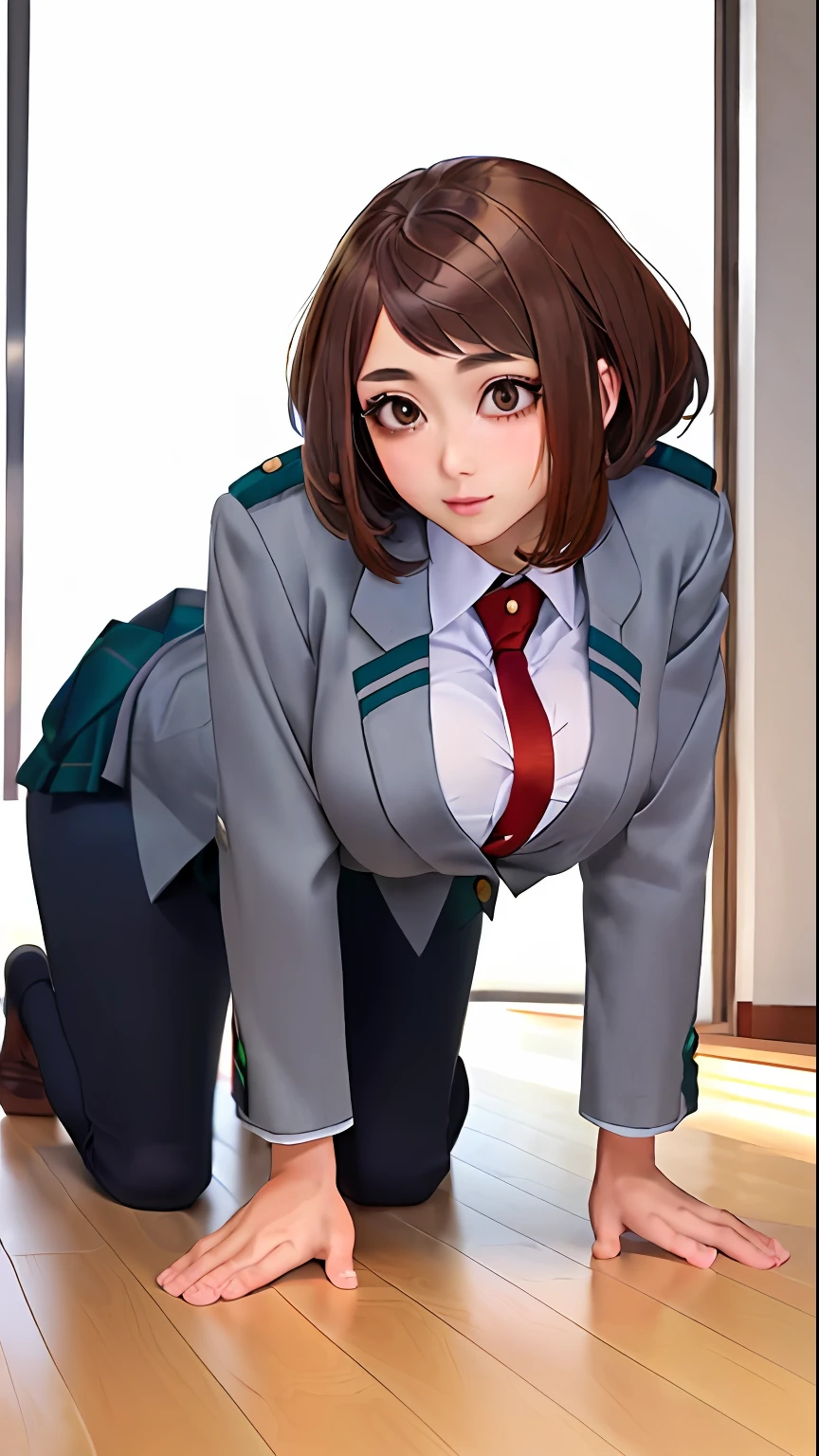1 Anime girl with school suit, (Japanese school uniform), (on all fours, dog pose), beautiful face, (big tits, big butt, curvy) (masterpiece, extremely detailed, excellent quality),