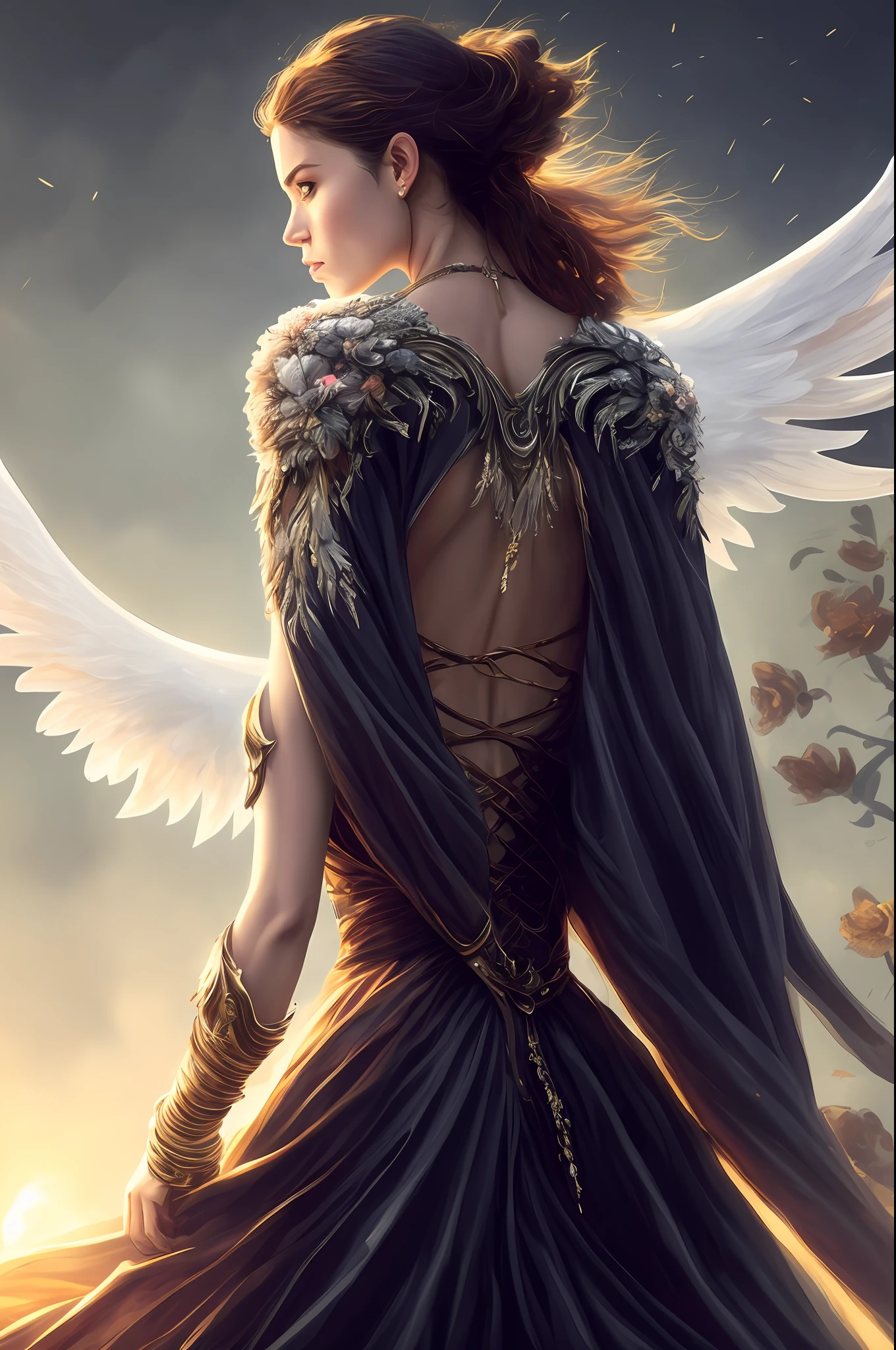 full body:1.6, walking pose, slow motion, (rogue thief:1.2) woman, multi-layered stitched,(white silk cloak), (intricately patterned cloth:1.2), (insanely detailed, flowering:1.5), (top quality, Alessandro Casagrande,
Greg Rutkowski, Sally Mann, concept art, 4k), (analog:1.2), (high sharpness), (detailed pupils:1.1), (painting:1.1), (digital painting:1.1), detailed face, eyes and body, masterpiece, best quality, (highly detailed photo:1.1), 8k, photorealistic, (long curvy hair, ecstasy:1.1), (young woman:1.1), by jeremy mann, by sandra chevrier, by maciej kuciara, sharp, (perfect body:1.1), realistic, real shadow, 3d, (europe castle background:1.2), (by Michelangelo), angel of death, innocent,  eyes, diadem, angel wings, black clothes, full body, arms behind back, sky, halo, post-apocalypse, detailed armor