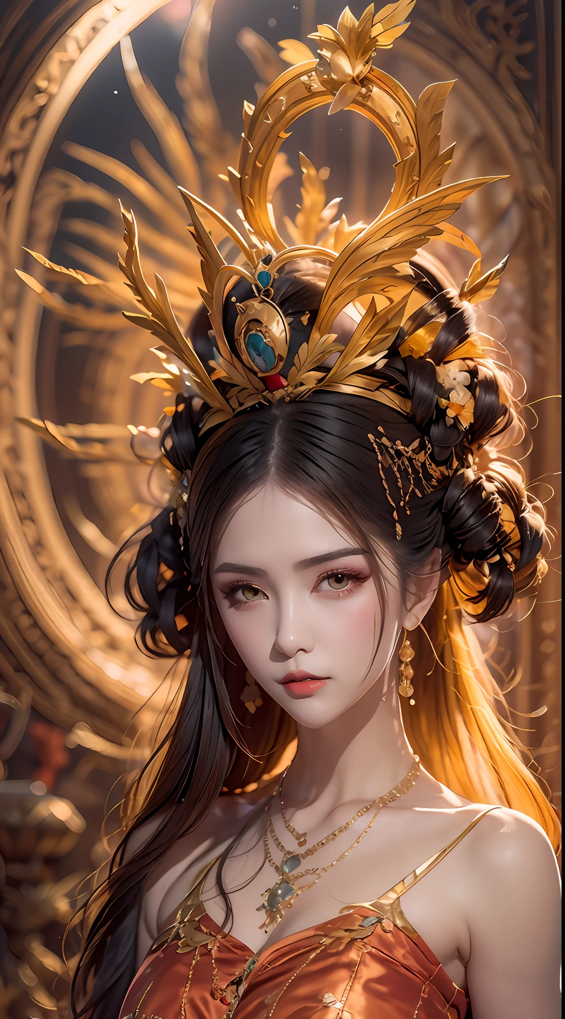 1 20 year old girl, 1 goddess Athena, colorful silk dress, beautiful goddess Athena face without blemishes, thin colorful nightgown, long thin female nightgown with many sexy black lace details, saint legend, saint icon, beautiful goddess style elegant glitter, dark and mysterious version, holy woman crown, vermilion lips, thin and beautiful lips, detailed and beautiful, karol character, no smile intricate, detailed background, extremely detailed, light magic, (pure and spotless face: 1.9), holy woman's body, round breasts, big and round breasts, phoenix brooch, long flat bangs, (7-color rainbow-colored hair: 1.9), clear beautiful face and well-proportioned eyes, (transparent yellow eyes: 1.8), (big round eyes and meticulous make-up, very beautiful and hidden makeup, long blonde hair, hidden makeup, beautiful and meticulous sleeping ring, pale, upper body, (sanctus upper bodies): 1.8), drooping arms, Realistic and vivid images, (stars that make up the sky: 1.7), (sky of heaven and fictional gates of time and space: 1.8), fictional art, RAW photos, hanfu photos, best photos, high resolution, best quality, best photos, surreal portraits, surreal female images, 8k quality , single female saint portrait, most realistic color scheme, best photo color, masterpiece, hair decoration, necklace, jewelry, pretty face, upper body, brand tyndall effect, real photo, dark studio, rim light, two-tone light, (rose white skin: 1.4), (high skin detail: 1.1), 8k uhd, dslr, high resolution, soft light, high quality, high quality h, Smooth and sharp, 10x pixelated, sexy goddess, sexy goddess, (background space: 1.8), (galaxy: 1.7) ), aurora, lightning, (Aurora Background: 1.8), most beautiful eyes, picture perfect eyes, beautiful saint and flowers, athena alone,