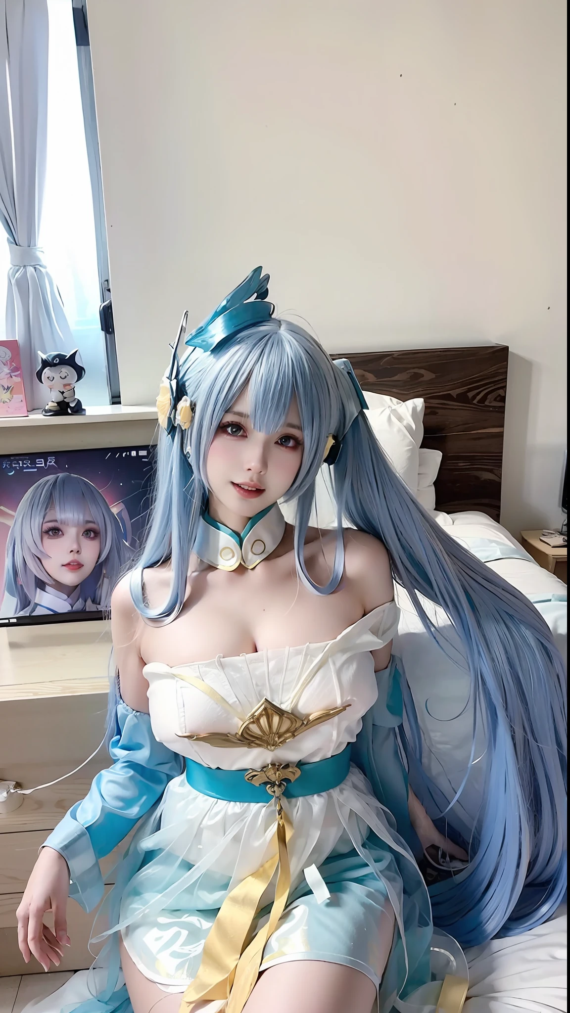 The long-haired Alafi sat on the bed in his room, Anime girl cosplay, Anime cosplay, professional cosplay, Anime waifu, Anime girl in real life, perfect android girl, realistic cosplay, echo from overwatch, cosplay, inspired by Leng Mei, Japanese goddess, anime-inspired, as an overwatch character, Irelia from League of Legends, Anime goddess，(NSFW:1.5)