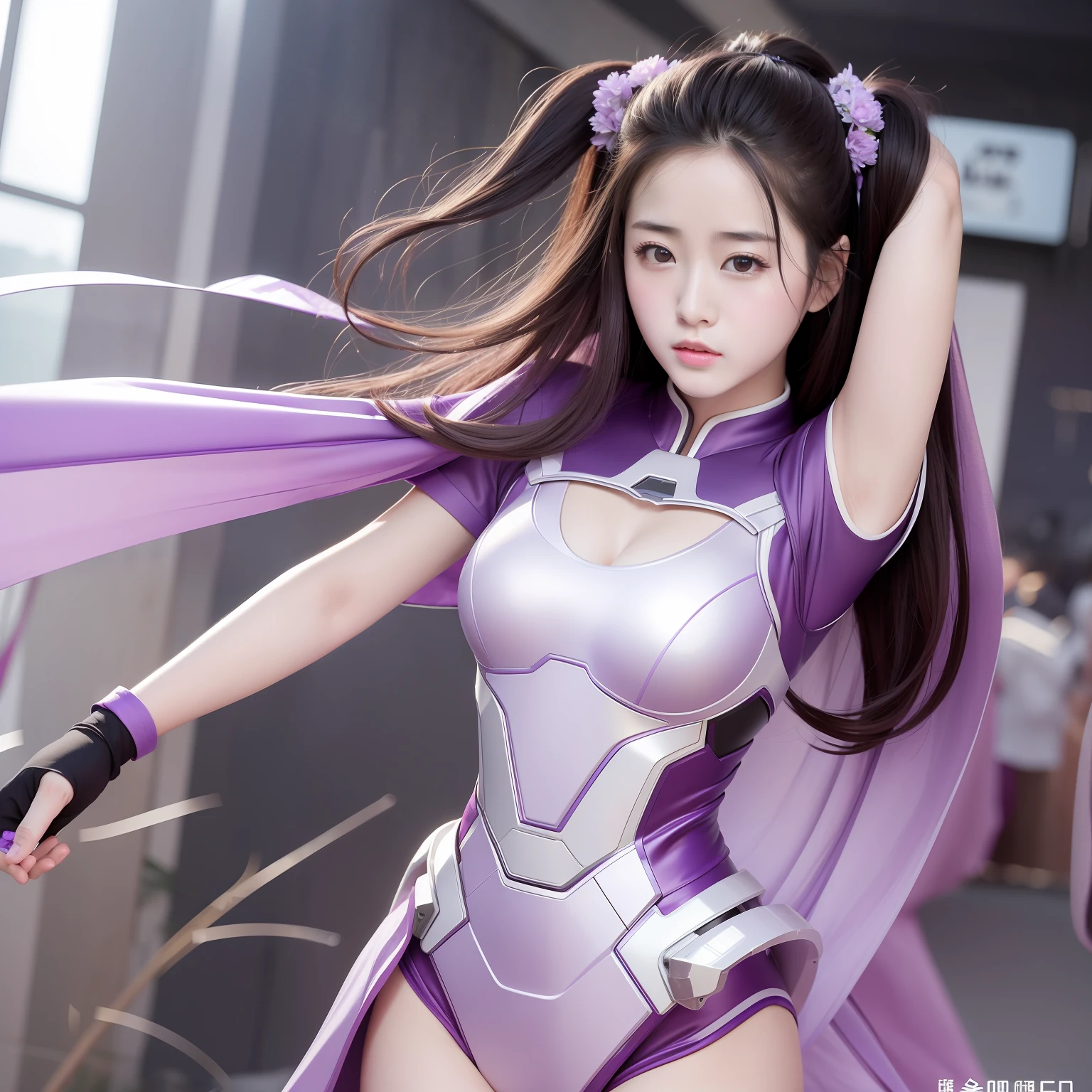 Liu Yifei's face，Purple and white color matching Iron Man mech，hyper HD，best qualtiy，Detailed, complex, busy background，untidy、opulent、milkyW