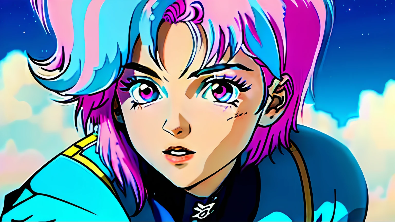 Best Quality, 1girl in, 18 years old,youthfulness ,bobhair , bob blue and pink hair,Purple eyes, sky and stars background, Look up,thin lips,Crouching、full bodyesbian、