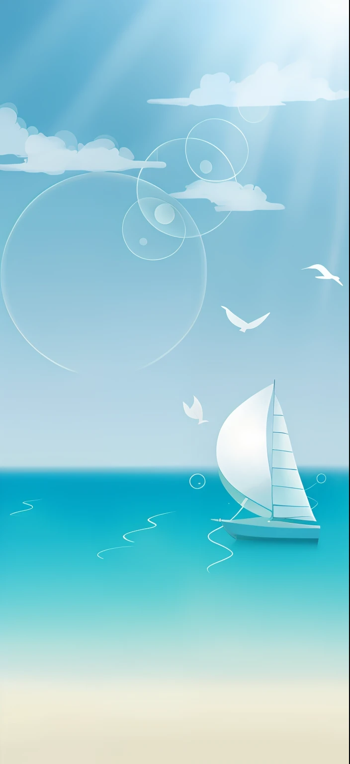There is a sailboat on the ocean，Birds fly around, Sea background, Sea backgroun, Sail ships, breezy background, sail boat on the background, ornate sea background, seaside backgroud, background artwork, Sail ships, Sail, wild ocean background, sky and ocean background, serene illustration, Stylized digital illustration, A sailboat soaring in the wind, ocean background setting